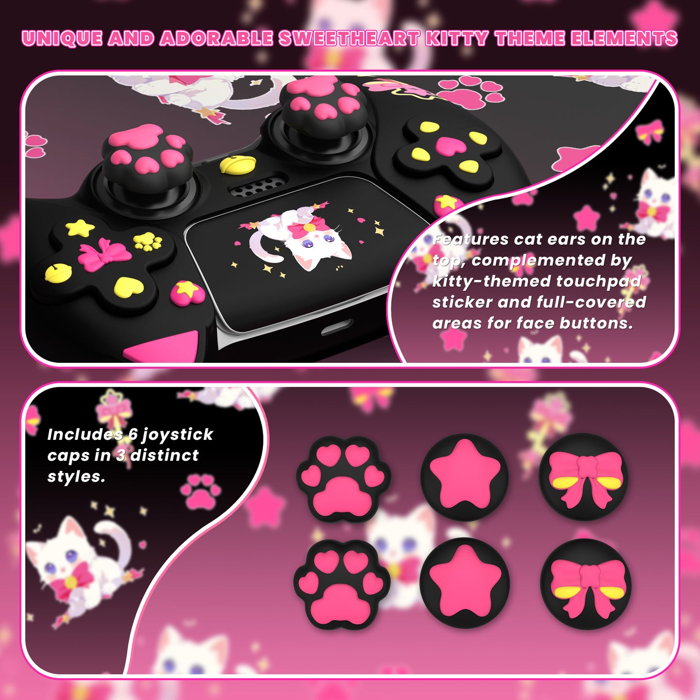 PlayVital Sweetheart Kitty Series Silicone Cover with 6 Joystick Caps and 6 Sticker for PS5 Controller, Soft Anti-Slip Full Protection Grip Skin Compatible with PS5 Charging Dock - Black