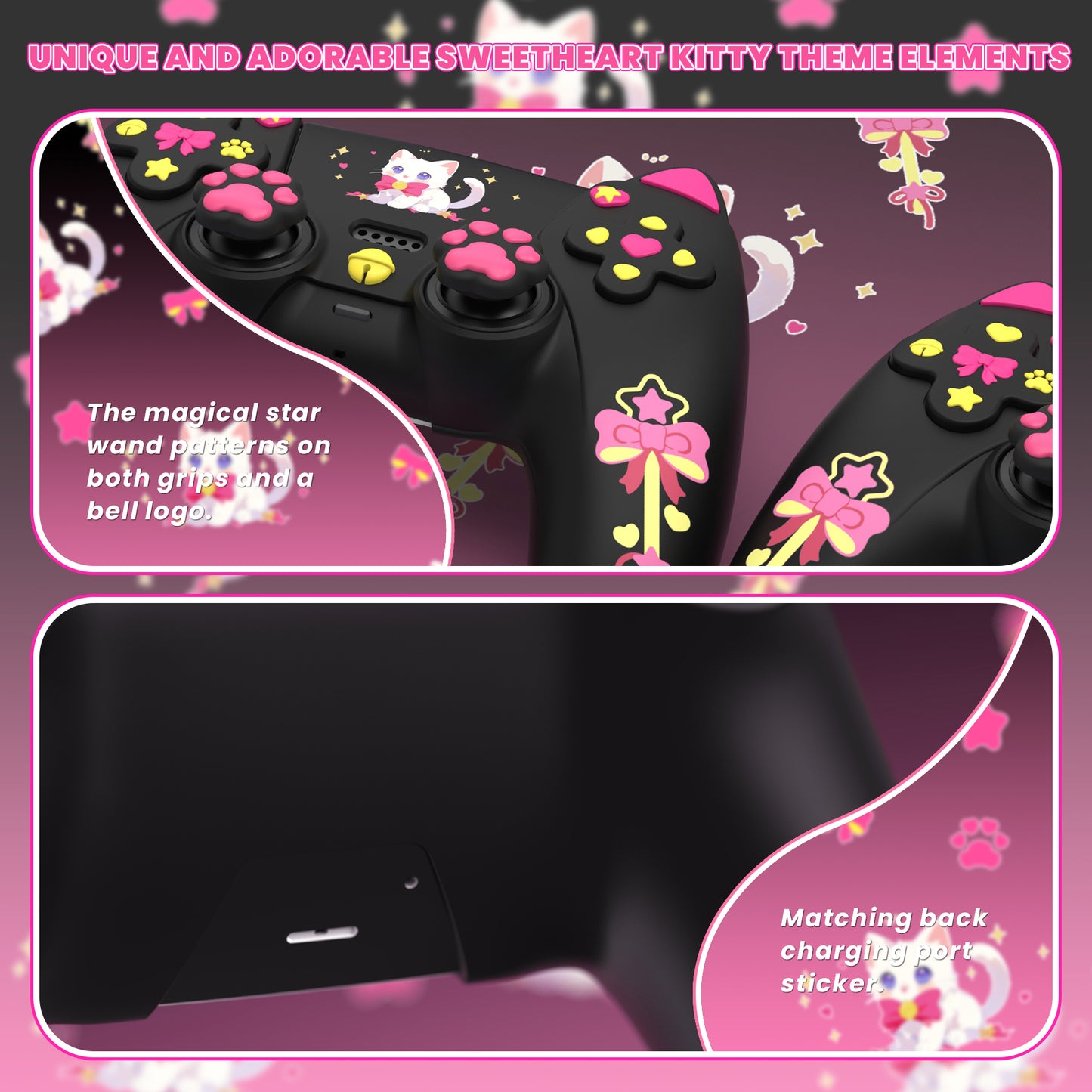 PlayVital Sweetheart Kitty Series Silicone Cover with 6 Joystick Caps and 6 Sticker for PS5 Controller, Soft Anti-Slip Full Protection Grip Skin Compatible with PS5 Charging Dock - Black