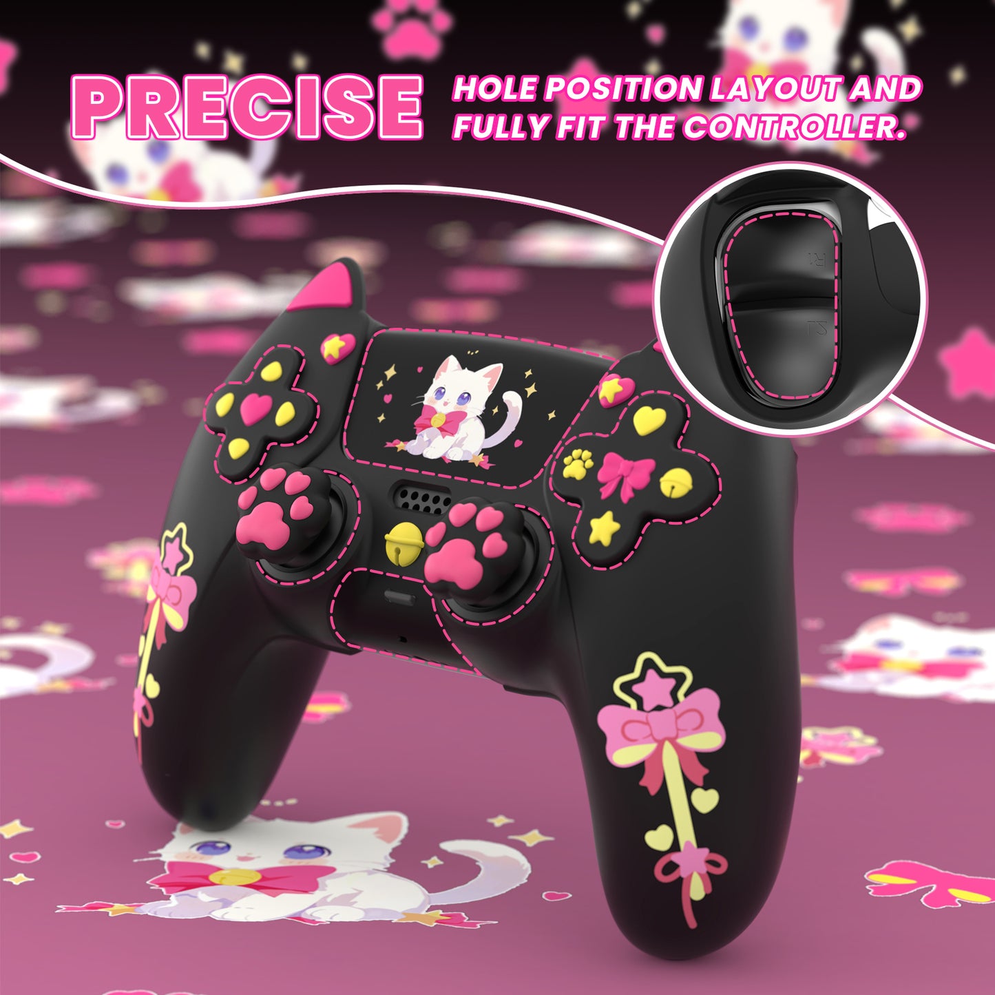 PlayVital Sweetheart Kitty Series Silicone Cover with 6 Joystick Caps and 6 Sticker for PS5 Controller, Soft Anti-Slip Full Protection Grip Skin Compatible with PS5 Charging Dock - Black