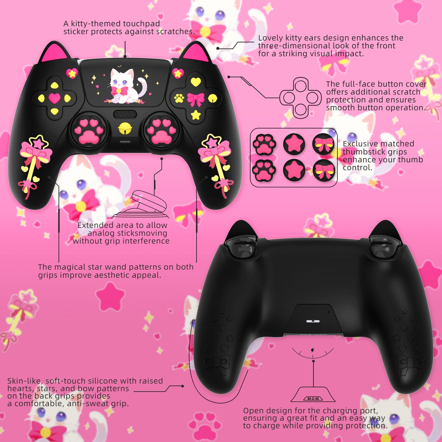 PlayVital Sweetheart Kitty Series Silicone Cover with 6 Joystick Caps and 6 Sticker for PS5 Controller, Soft Anti-Slip Full Protection Grip Skin Compatible with PS5 Charging Dock - Black