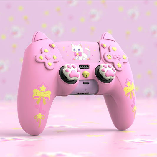 PlayVital Sweetheart Kitty Series Silicone Cover with 6 Joystick Caps and 6 Sticker for PS5 Controller, Soft Anti-Slip Full Protection Grip Skin Compatible with PS5 Charging Dock - Pink