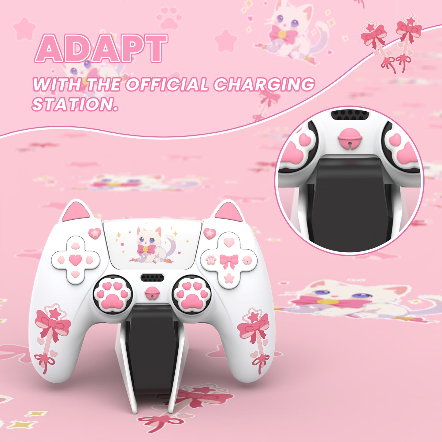PlayVital Sweetheart Kitty Series Silicone Cover with 6 Joystick Caps and 6 Sticker for PS5 Controller, Soft Anti-Slip Full Protection Grip Skin Compatible with PS5 Charging Dock - White