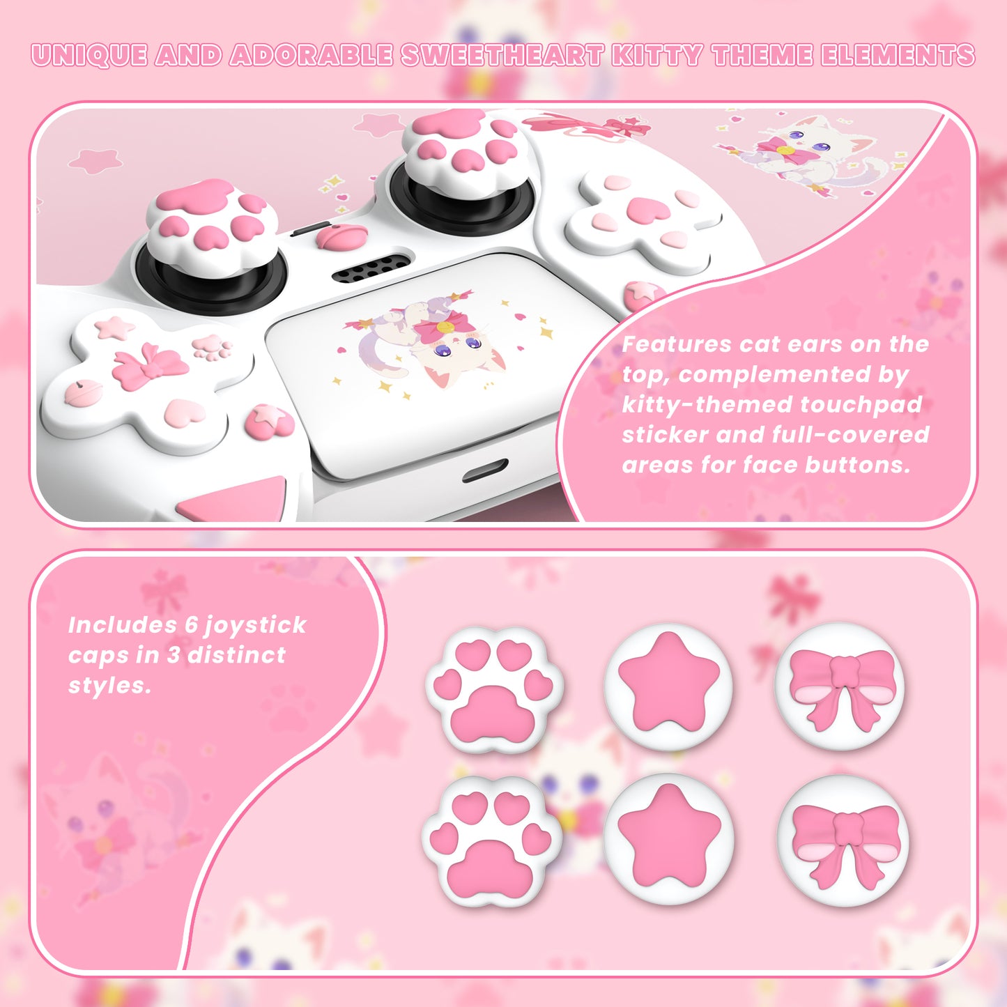 PlayVital Sweetheart Kitty Series Silicone Cover with 6 Joystick Caps and 6 Sticker for PS5 Controller, Soft Anti-Slip Full Protection Grip Skin Compatible with PS5 Charging Dock - White