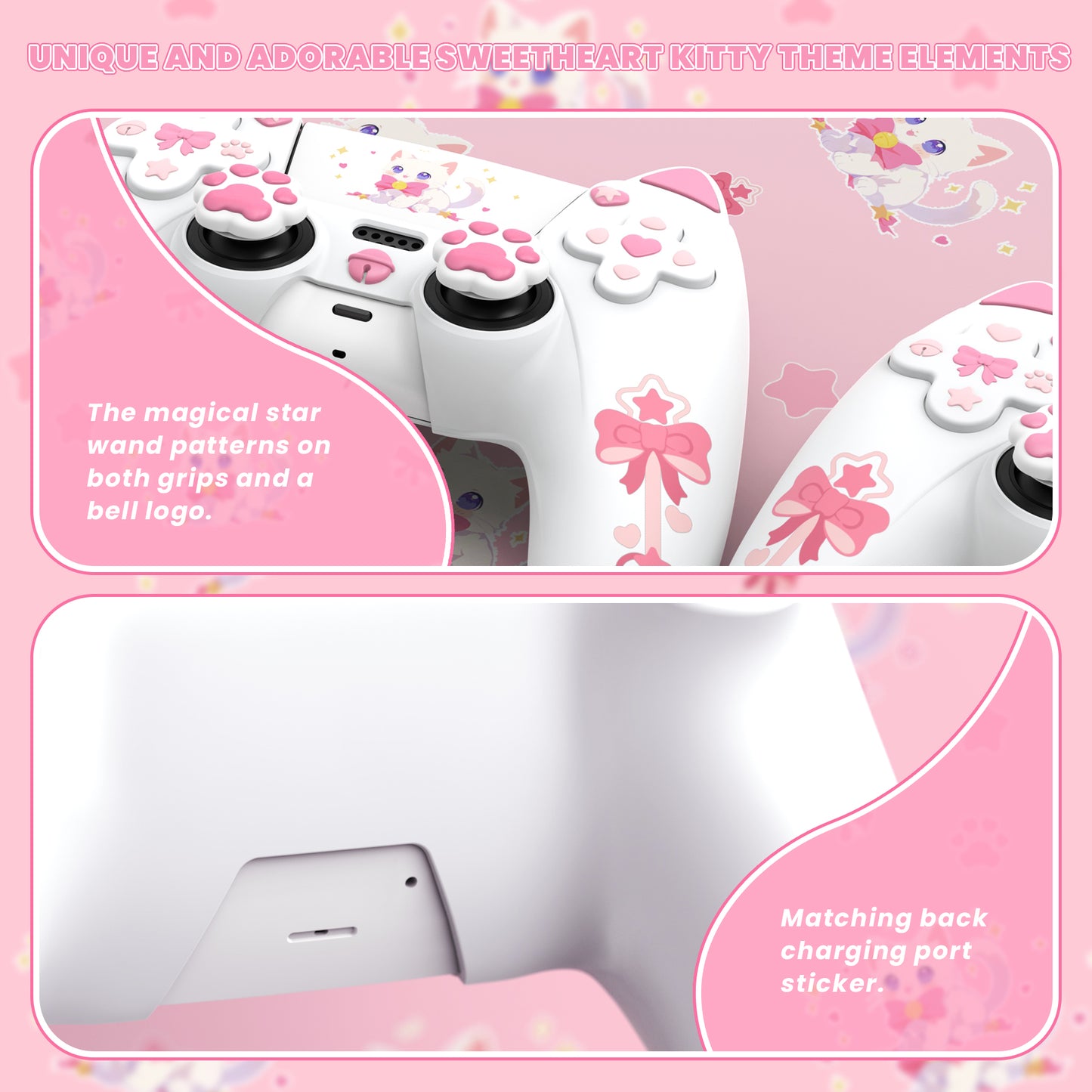 PlayVital Sweetheart Kitty Series Silicone Cover with 6 Joystick Caps and 6 Sticker for PS5 Controller, Soft Anti-Slip Full Protection Grip Skin Compatible with PS5 Charging Dock - White