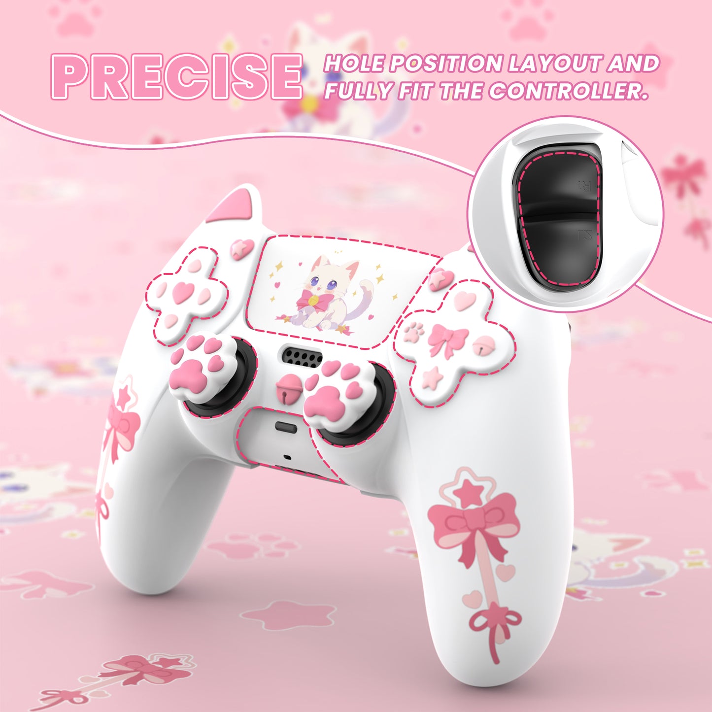 PlayVital Sweetheart Kitty Series Silicone Cover with 6 Joystick Caps and 6 Sticker for PS5 Controller, Soft Anti-Slip Full Protection Grip Skin Compatible with PS5 Charging Dock - White