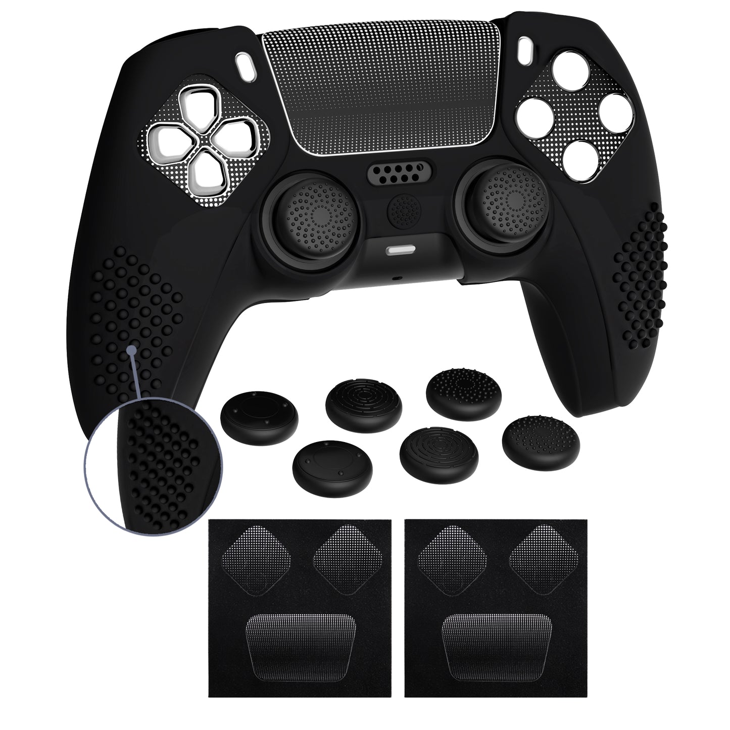 PlayVital Upgraded 3D Studded Edition Anti-Slip Silicone Cover Skin with 6 Thumb Grips & 2 Stickers for PS5 Controller, Compatible with Charging Dock - Black PlayVital