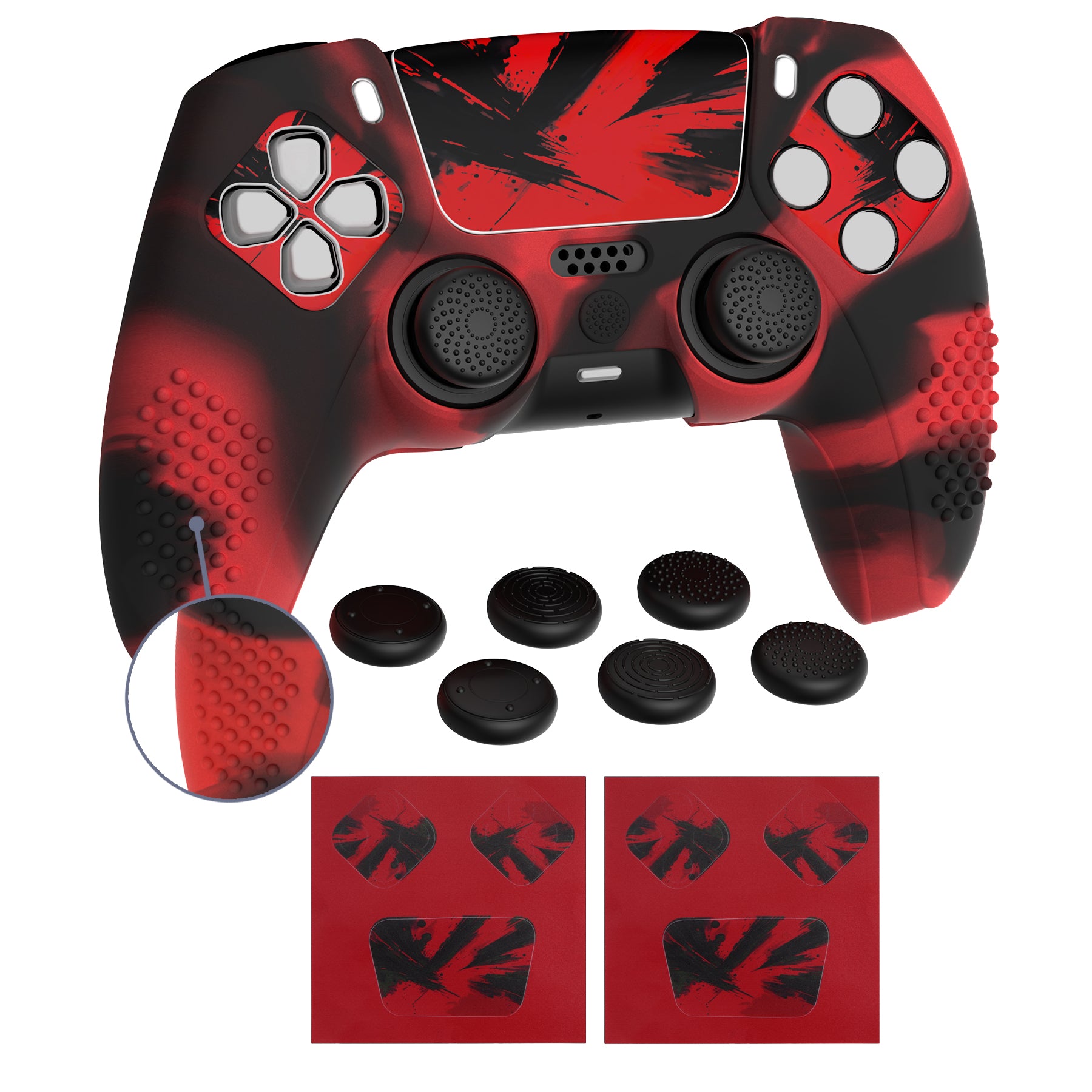 PlayVital Upgraded 3D Studded Edition Anti-Slip Silicone Cover Skin with 6 Thumb Grips & 2 Stickers for PS5 Controller, Compatible with Charging Dock - Red & Black PlayVital