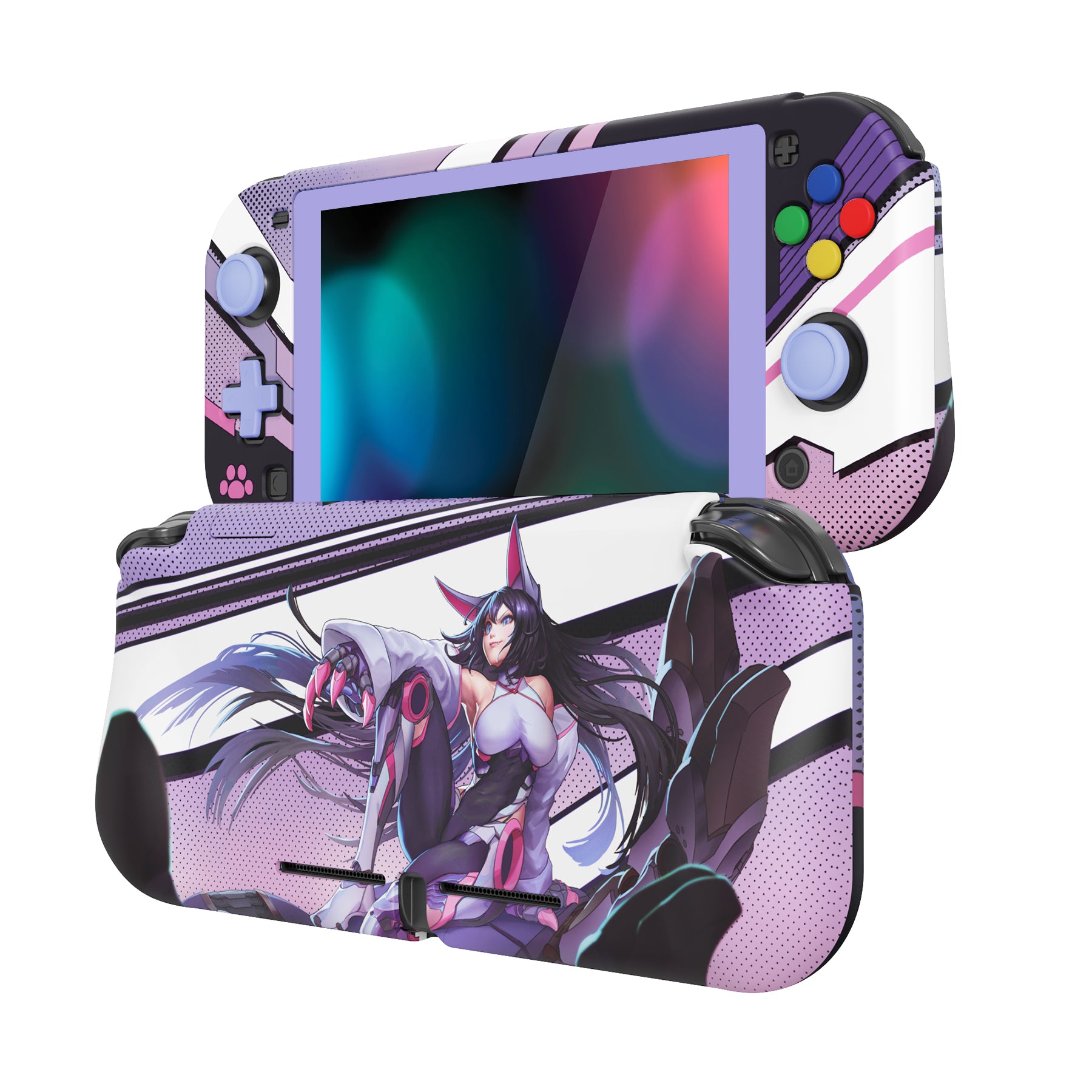 PlayVital ZealProtect Hard Shell Protective Case with Screen Protector & Thumb Grip Caps & Button Caps for NS Switch Lite - Neko Mecha - PSLYR003 playvital