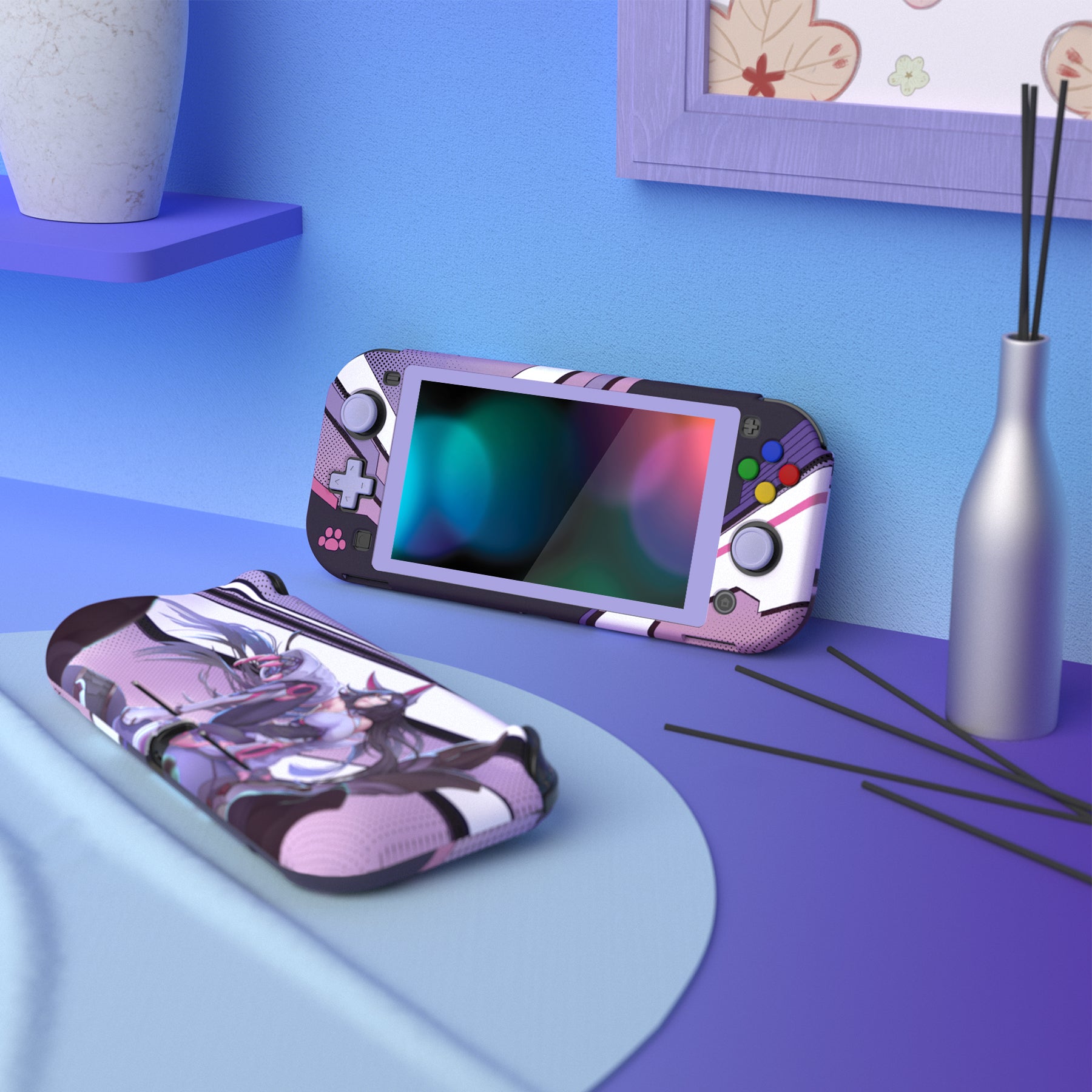PlayVital ZealProtect Hard Shell Protective Case with Screen Protector & Thumb Grip Caps & Button Caps for NS Switch Lite - Neko Mecha - PSLYR003 playvital