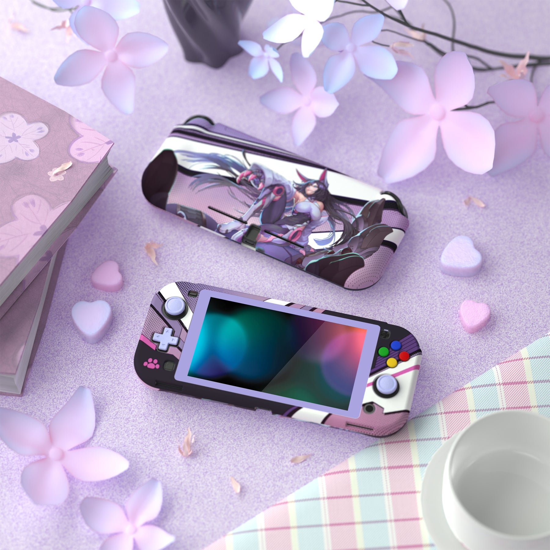 PlayVital ZealProtect Hard Shell Protective Case with Screen Protector & Thumb Grip Caps & Button Caps for NS Switch Lite - Neko Mecha - PSLYR003 playvital