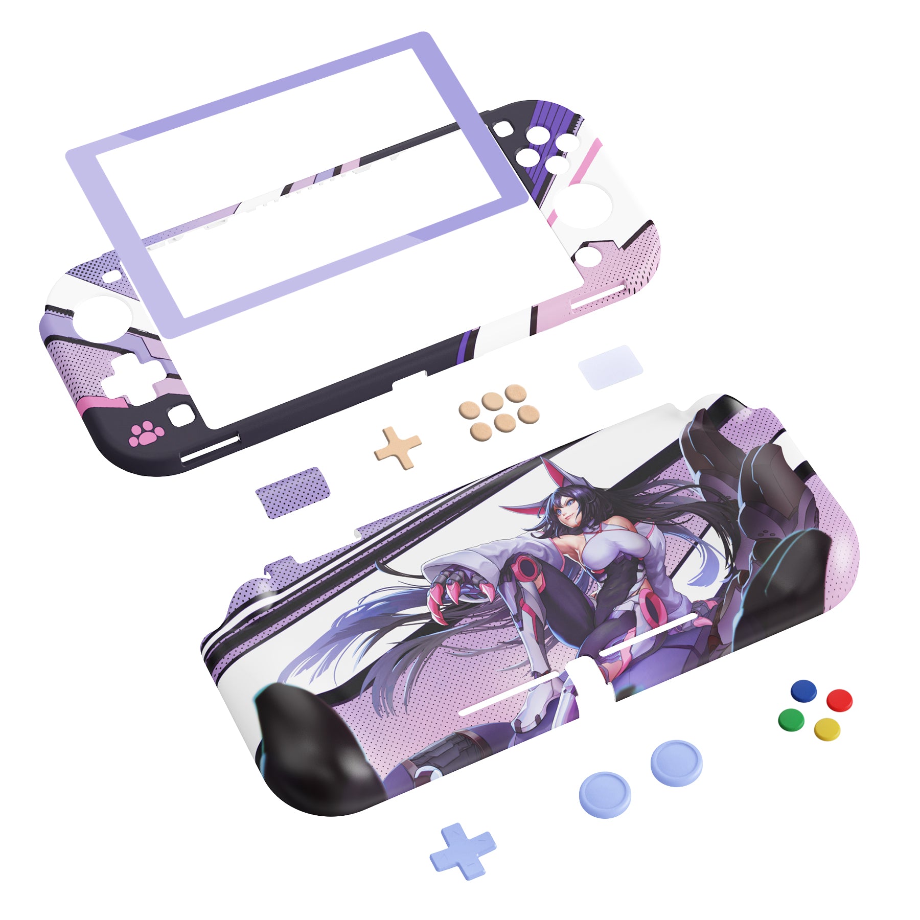 PlayVital ZealProtect Hard Shell Protective Case with Screen Protector & Thumb Grip Caps & Button Caps for NS Switch Lite - Neko Mecha - PSLYR003 playvital
