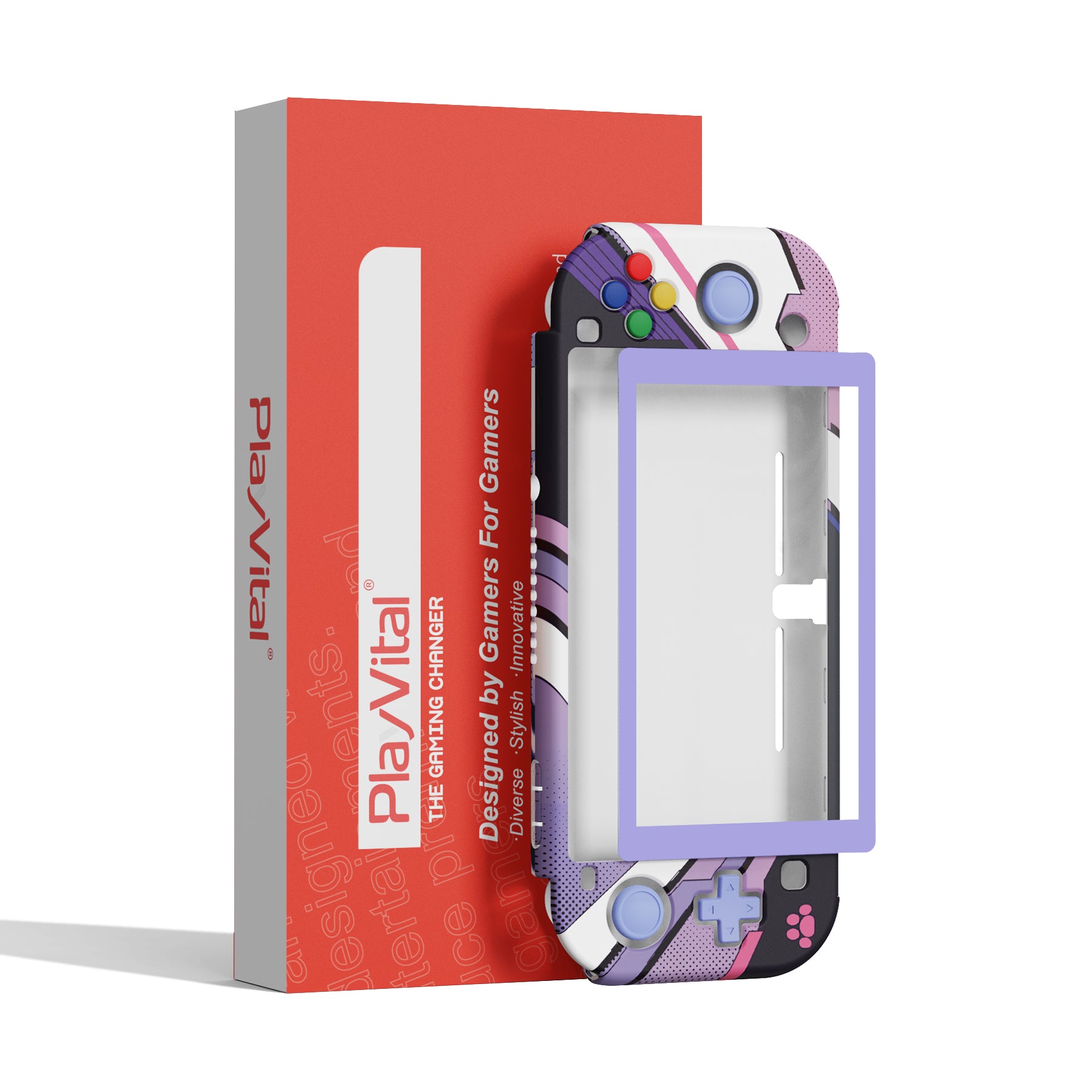 PlayVital ZealProtect Hard Shell Protective Case with Screen Protector & Thumb Grip Caps & Button Caps for NS Switch Lite - Neko Mecha - PSLYR003 playvital