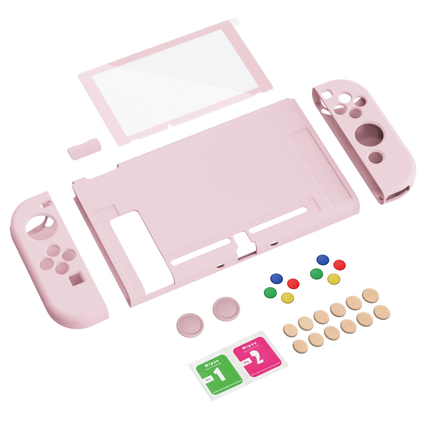 PlayVital ZealProtect Soft TPU Slim Protective Case with Tempered Glass Screen Protector & Thumb Grips & ABXY Direction Button Caps for NS Switch - Cherry Blossoms Pink - RNSYM5002 playvital