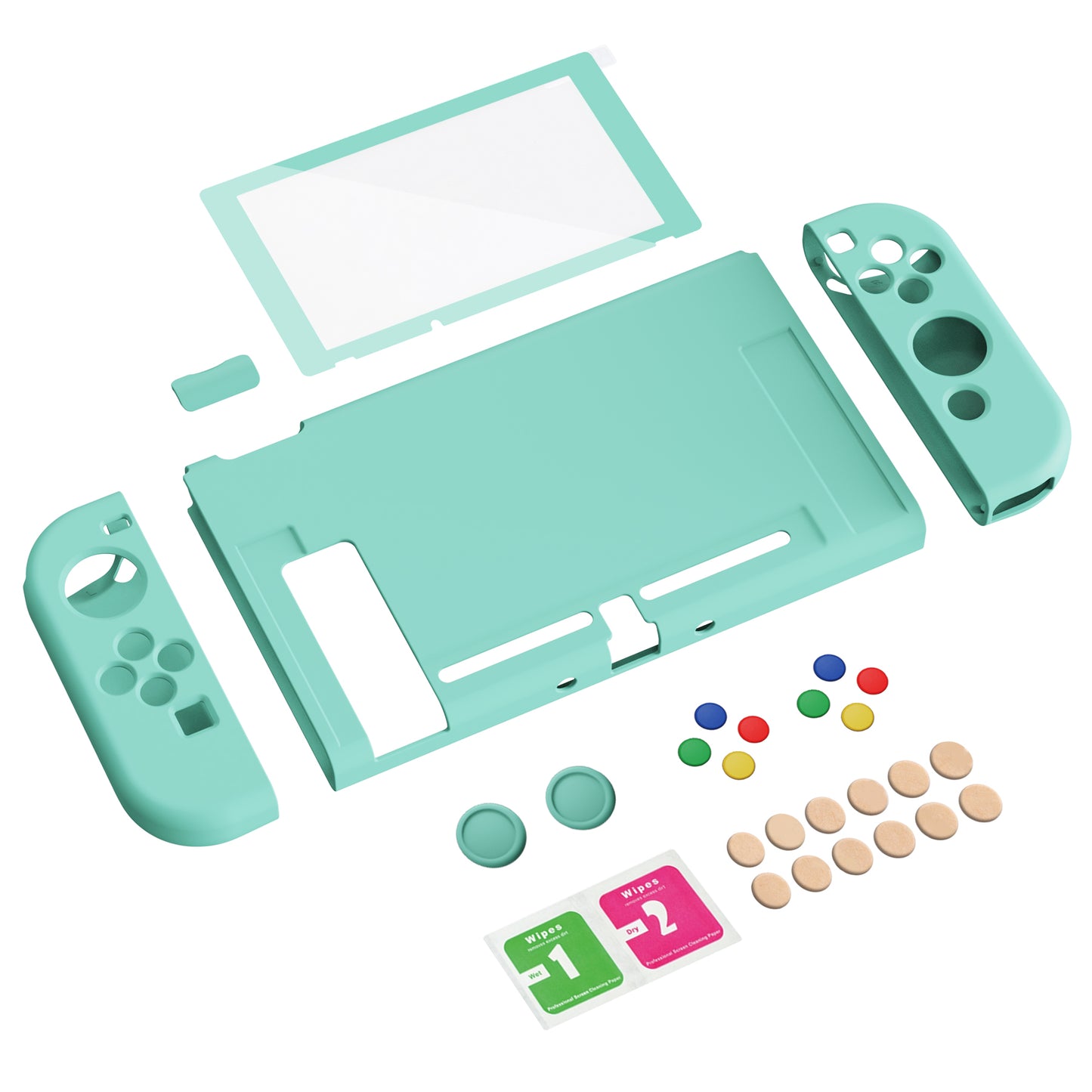 PlayVital ZealProtect Soft TPU Slim Protective Case with Tempered Glass Screen Protector & Thumb Grips & ABXY Direction Button Caps for NS Switch - Misty Green - RNSYM5004 playvital