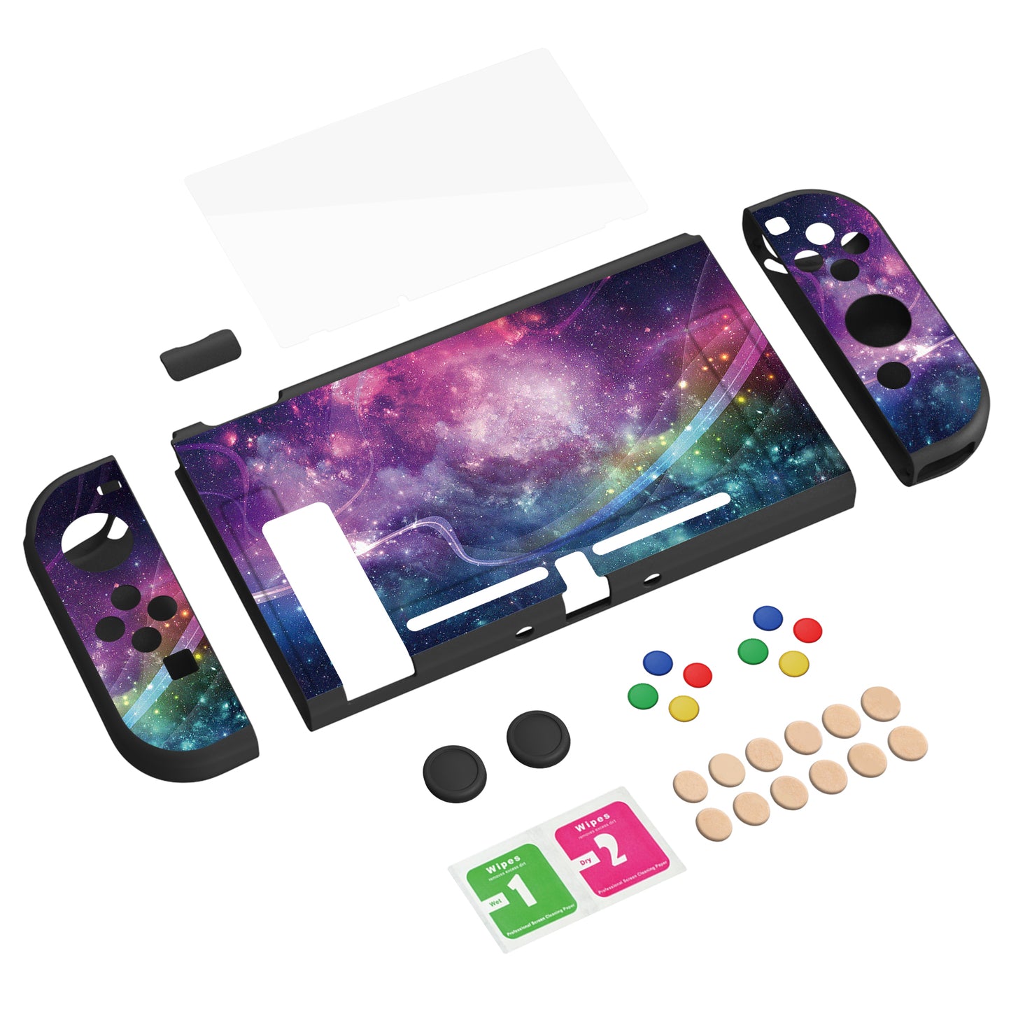 PlayVital ZealProtect Soft TPU Slim Protective Case with Tempered Glass Screen Protector & Thumb Grips & ABXY Direction Button Caps for NS Switch - Purple Galaxy - RNSYV6001 playvital