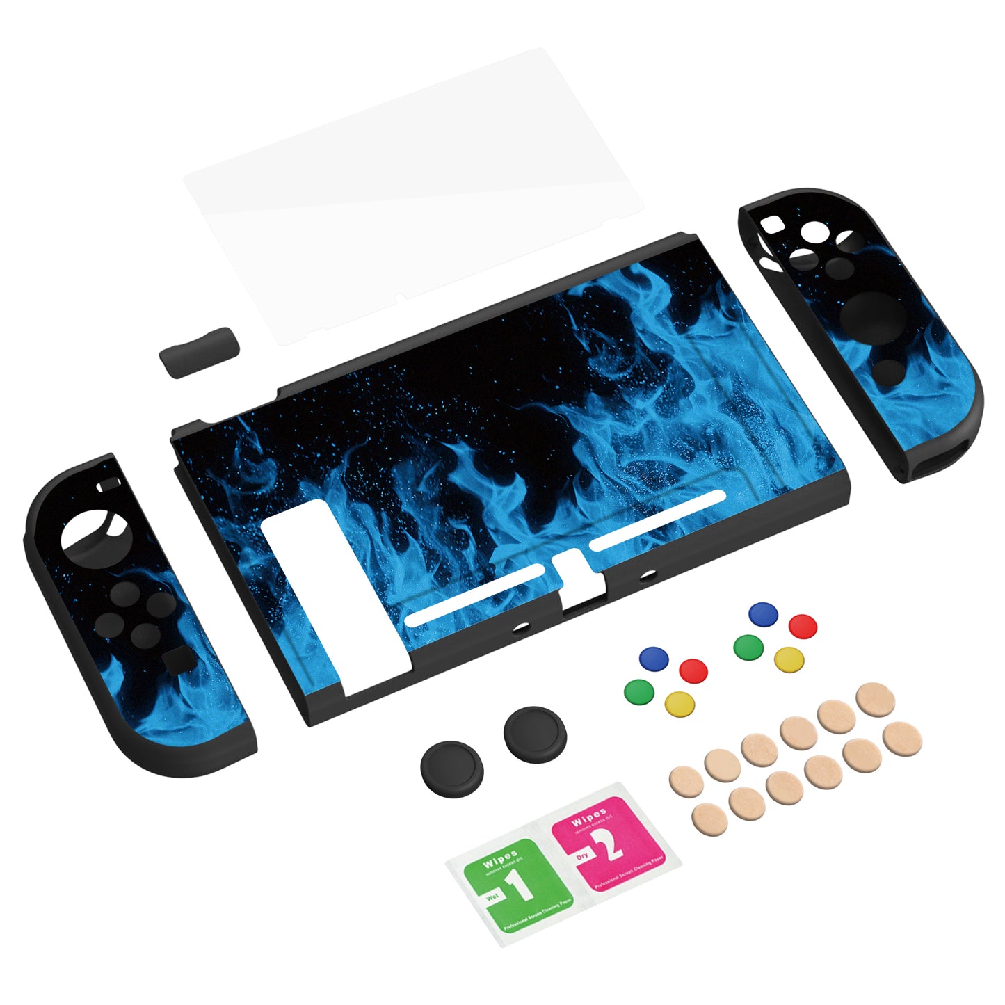 PlayVital ZealProtect Soft TPU Slim Protective Case with Tempered Glass Screen Protector & Thumb Grips & ABXY Direction Button Caps for NS Switch - Blue Flame - RNSYV6003 playvital