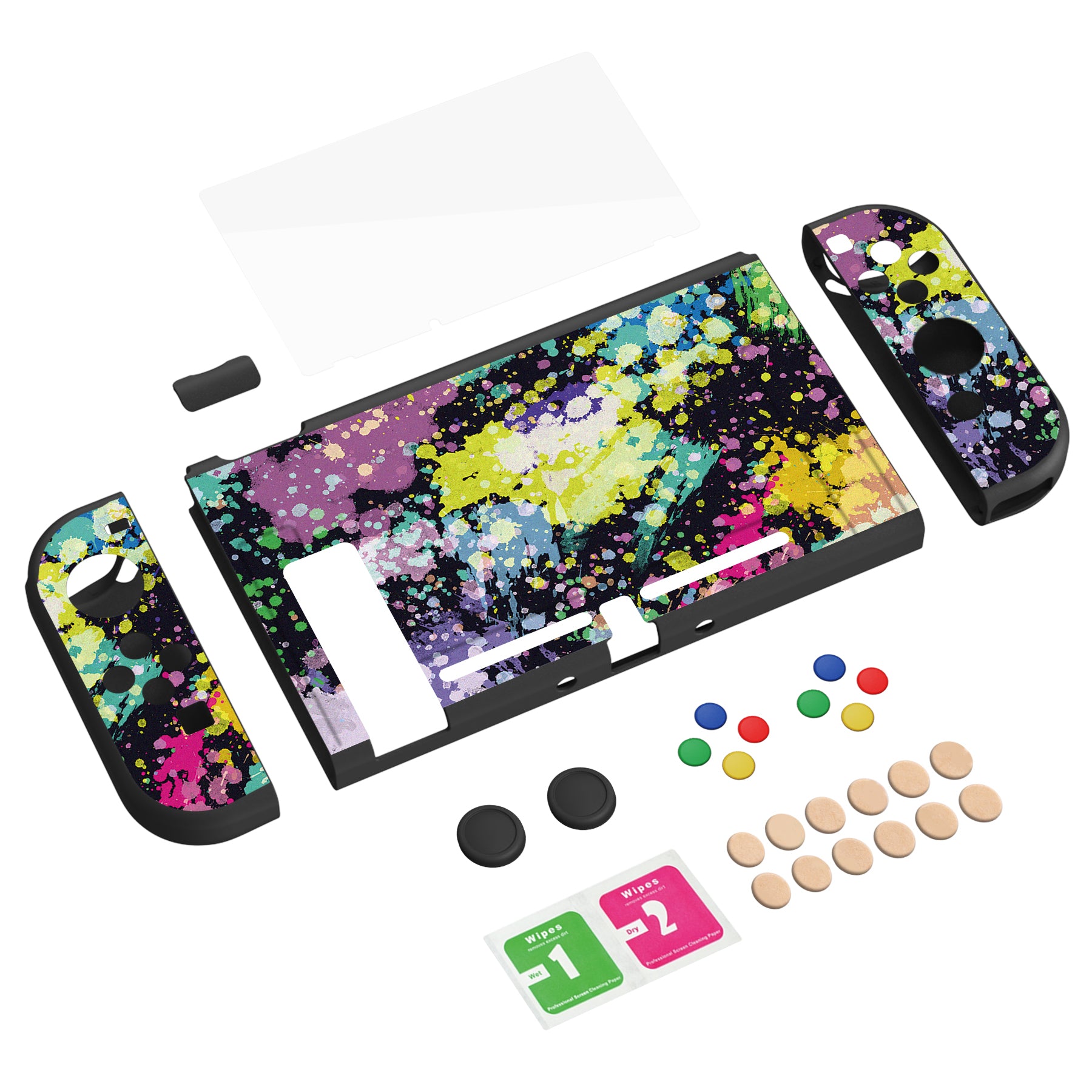 PlayVital ZealProtect Soft TPU Slim Protective Case with Tempered Glass Screen Protector & Thumb Grips & ABXY Direction Button Caps for NS Switch - Watercolour Splash - RNSYV6004 playvital