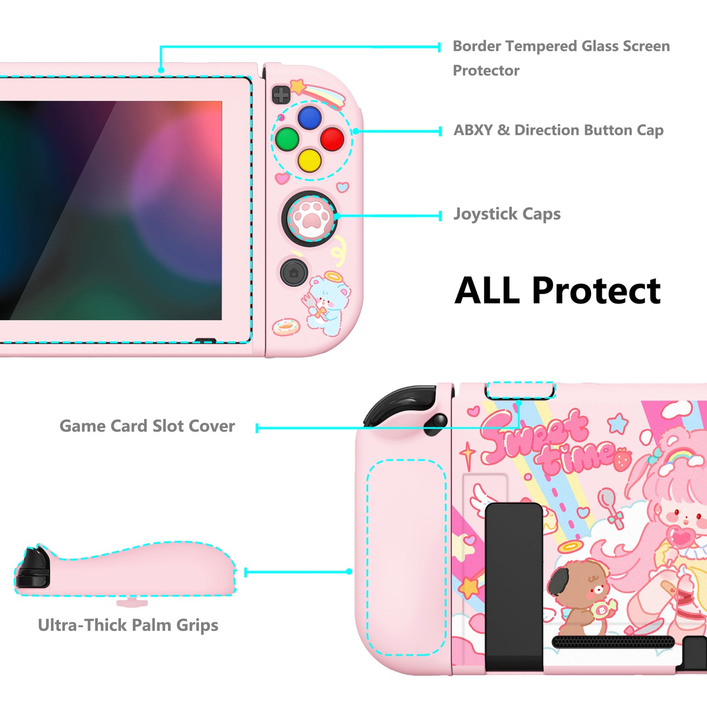 PlayVital ZealProtect Soft Protective Case for Nintendo Switch, Flexible Cover for Switch with Tempered Glass Screen Protector & Thumb Grips & ABXY Direction Button Caps - Sweet Time - RNSYV6037 playvital