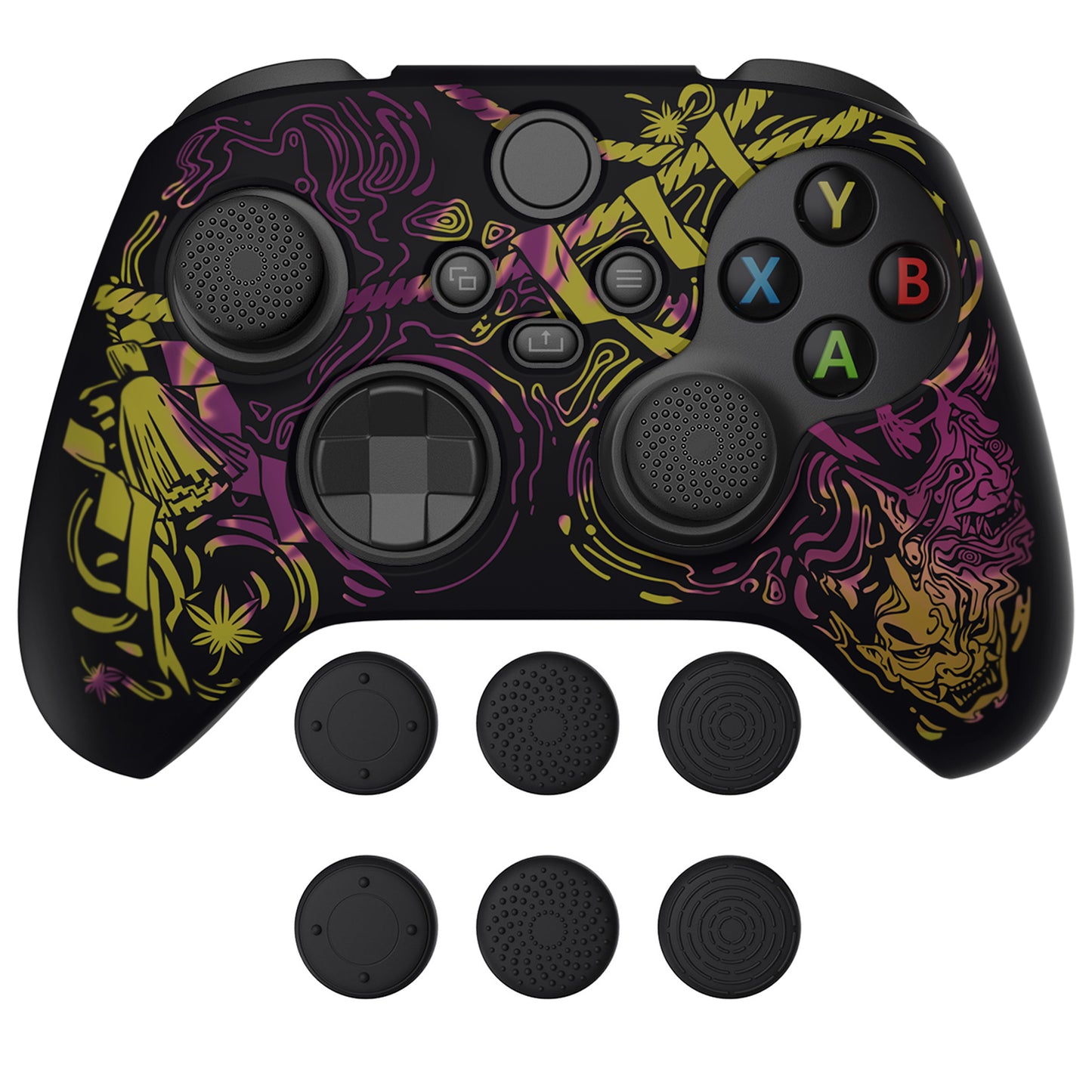 PlayVital Water Transfer Printing Samurai Prajna (Purple & Yellow) Silicone Cover Skin for Xbox Series X/S Controller, Soft Rubber Case Protector for Xbox Series X/S, Xbox Core Controller wtih 6 Thumb Grip Caps - BLX3026 PlayVital