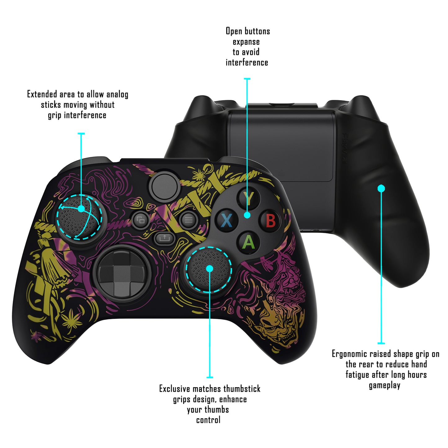 PlayVital Water Transfer Printing Samurai Prajna (Purple & Yellow) Silicone Cover Skin for Xbox Series X/S Controller, Soft Rubber Case Protector for Xbox Series X/S, Xbox Core Controller wtih 6 Thumb Grip Caps - BLX3026 PlayVital