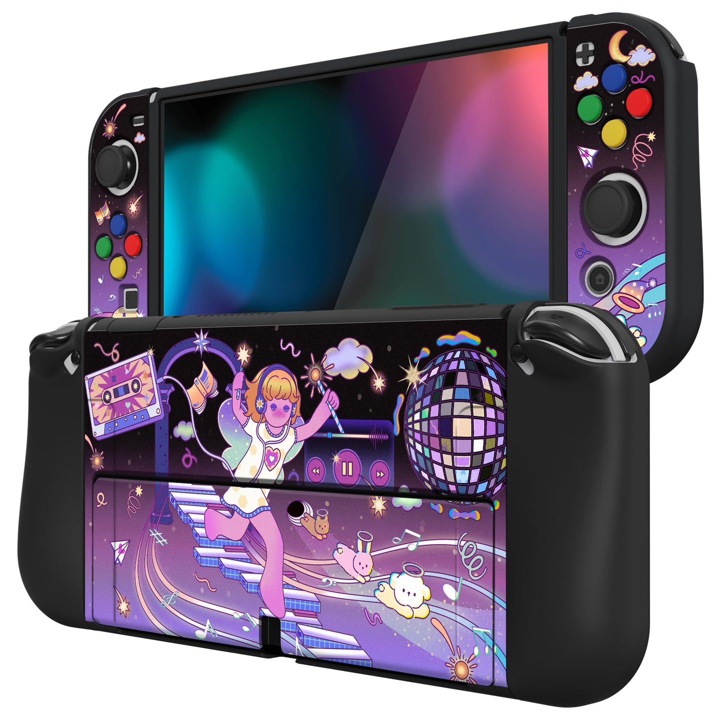 PlayVital ZealProtect Soft Protective Case for Switch OLED, Flexible Protector Joycon Grip Cover for Switch OLED with Thumb Grip Caps & ABXY Direction Button Caps - Dancing Notes - XSOYV6040 playvital