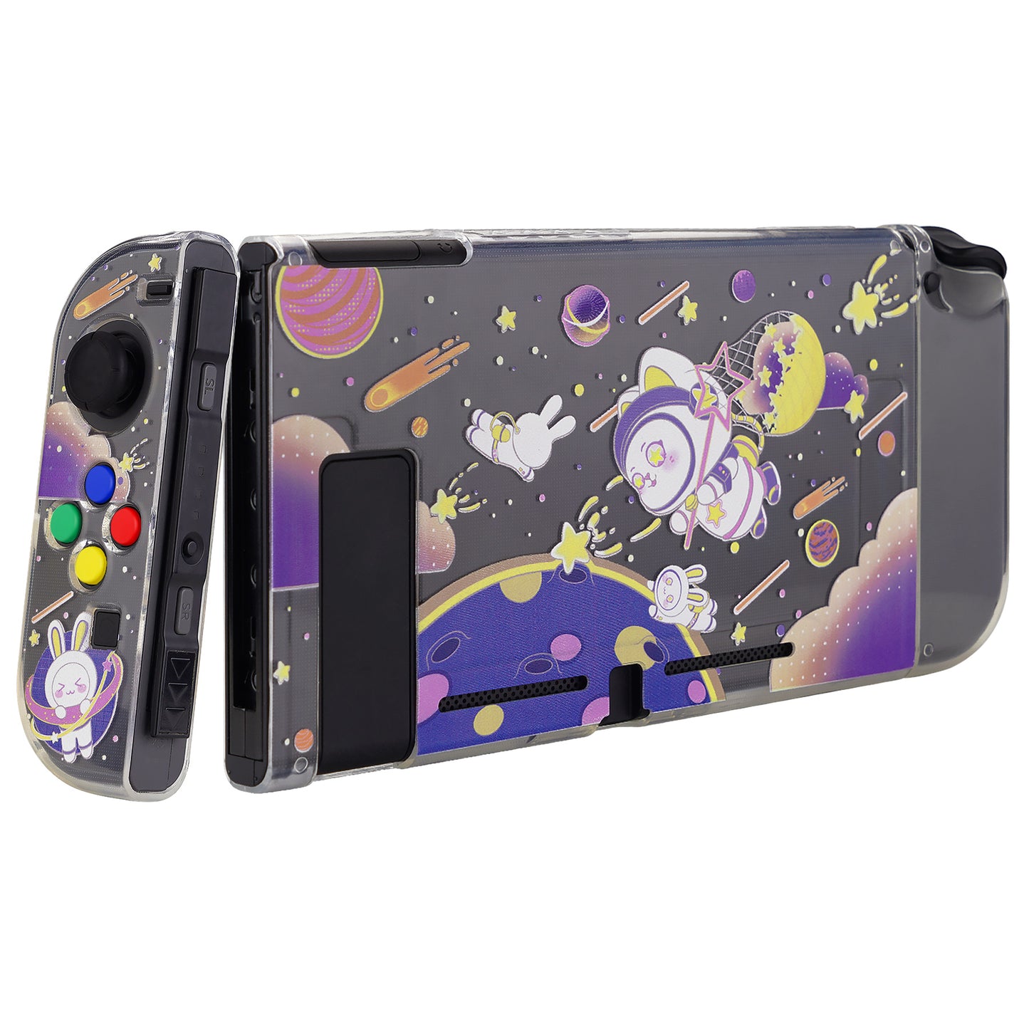 PlayVital Protective Case for Nintendo Switch, Soft TPU Slim Case Cover for Nintendo Switch Joycon Console with Purple ABXY Direction Button Caps - Space Cat - NTU6031 PlayVital