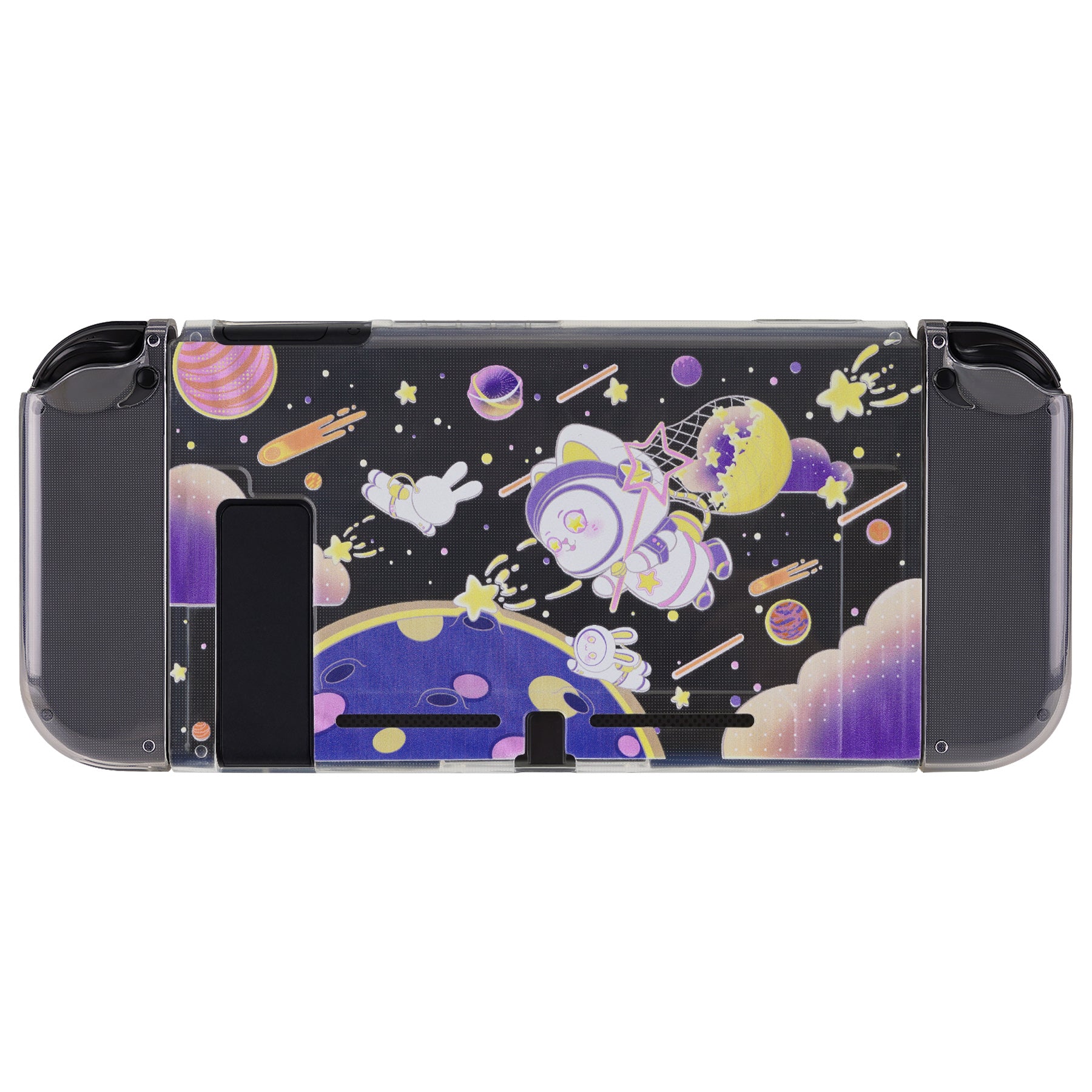 PlayVital Protective Case for Nintendo Switch, Soft TPU Slim Case Cover for Nintendo Switch Joycon Console with Purple ABXY Direction Button Caps - Space Cat - NTU6031 PlayVital