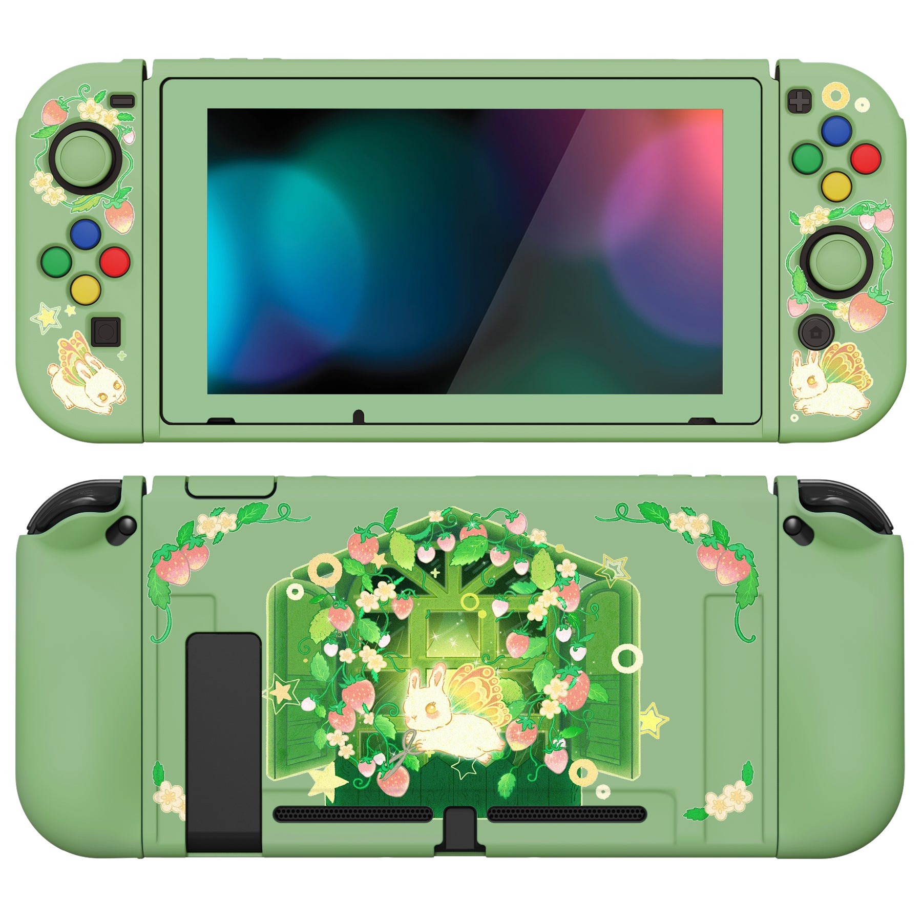 PlayVital ZealProtect Soft Protective Case for Nintendo Switch, Flexible Cover for Switch with Tempered Glass Screen Protector & Thumb Grips & ABXY Direction Button Caps - Strawberry Bunny - RNSYV6045 playvital