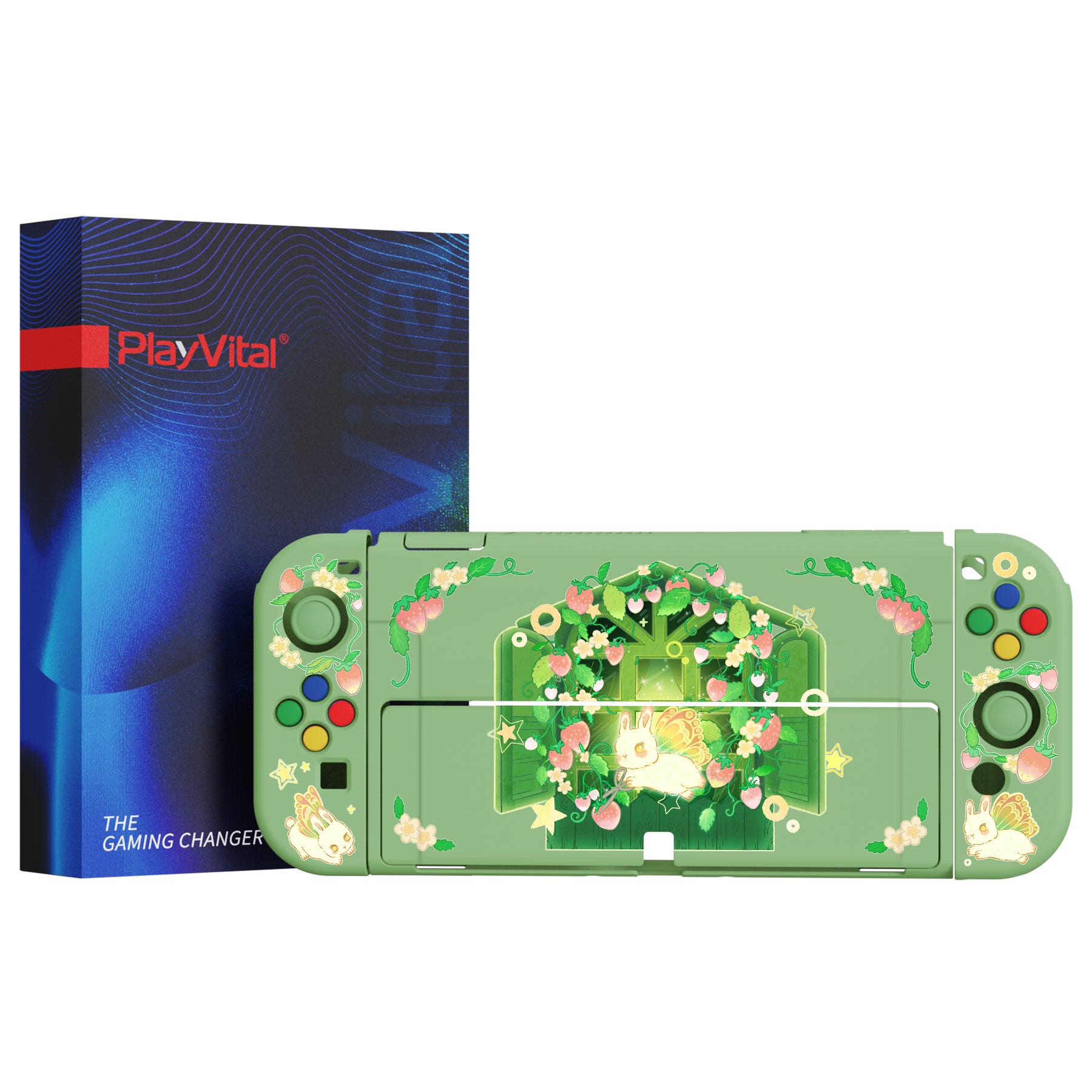PlayVital ZealProtect Soft Protective Case for Switch OLED, Flexible Protector Joycon Grip Cover for Switch OLED with Thumb Grip Caps & ABXY Direction Button Caps - Strawberry Bunny - XSOYV6036 playvital