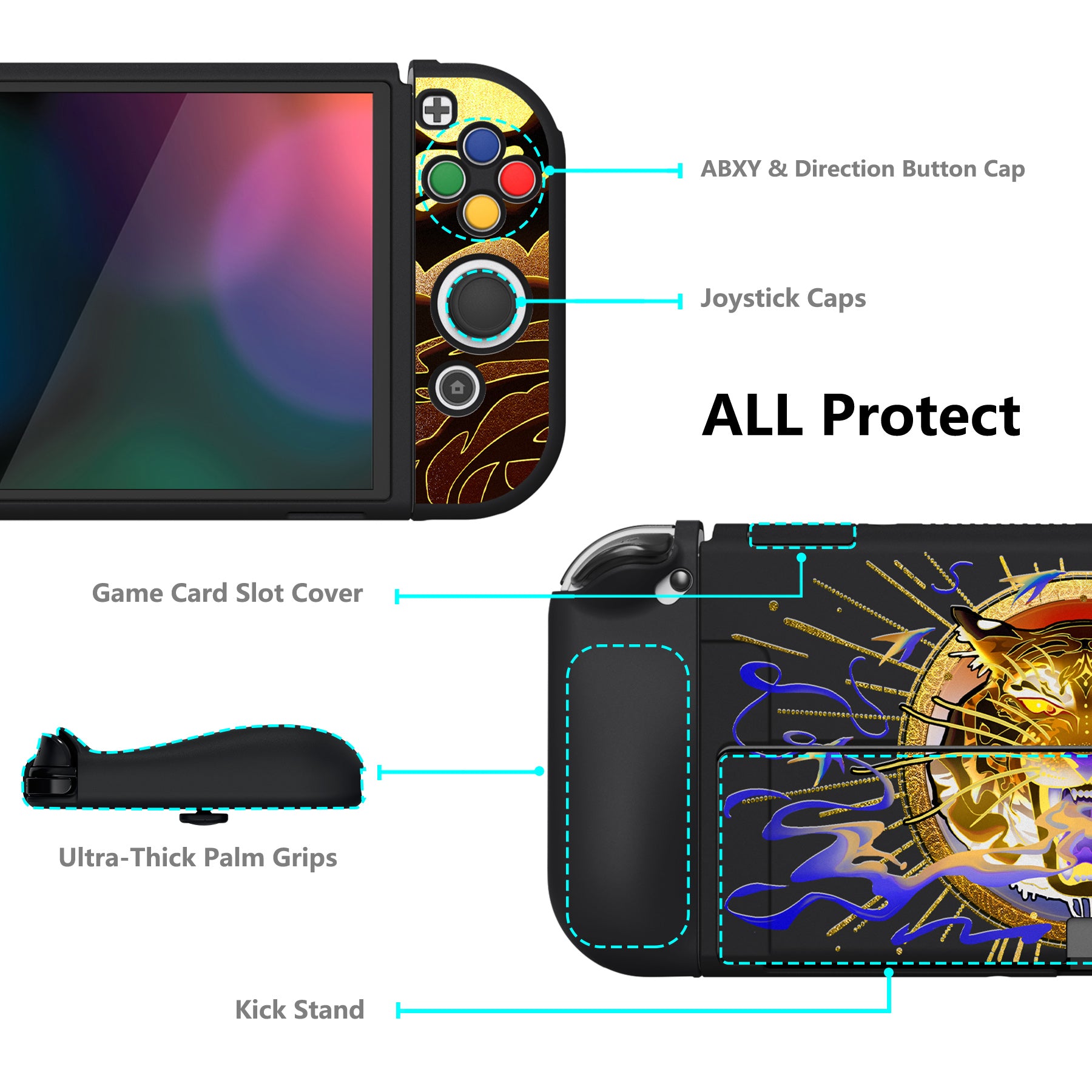 PlayVital ZealProtect Soft Protective Case for Switch OLED, Flexible Protector Joycon Grip Cover for Switch OLED with Thumb Grip Caps & ABXY Direction Button Caps - Tiger Tarot - XSOYV6033 playvital