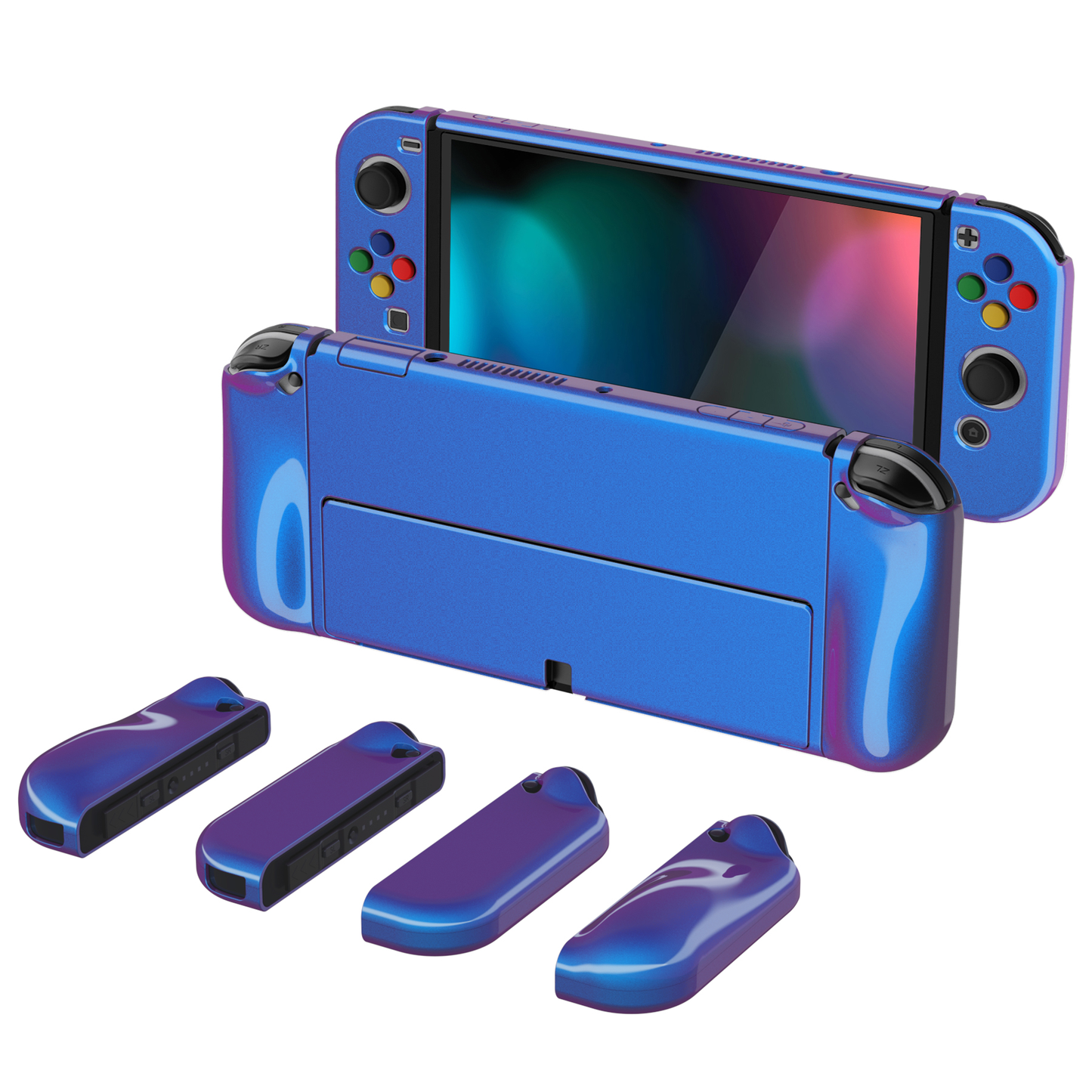 PlayVital AlterGrips Glossy Protective Slim Case for Nintendo Switch OLED, Ergonomic Grip Cover for Joycon, Dockable Hard Shell for Switch OLED w/Thumb Grip Caps & Button Caps - Chameleon Purple Blue - JSOYP3001 playvital