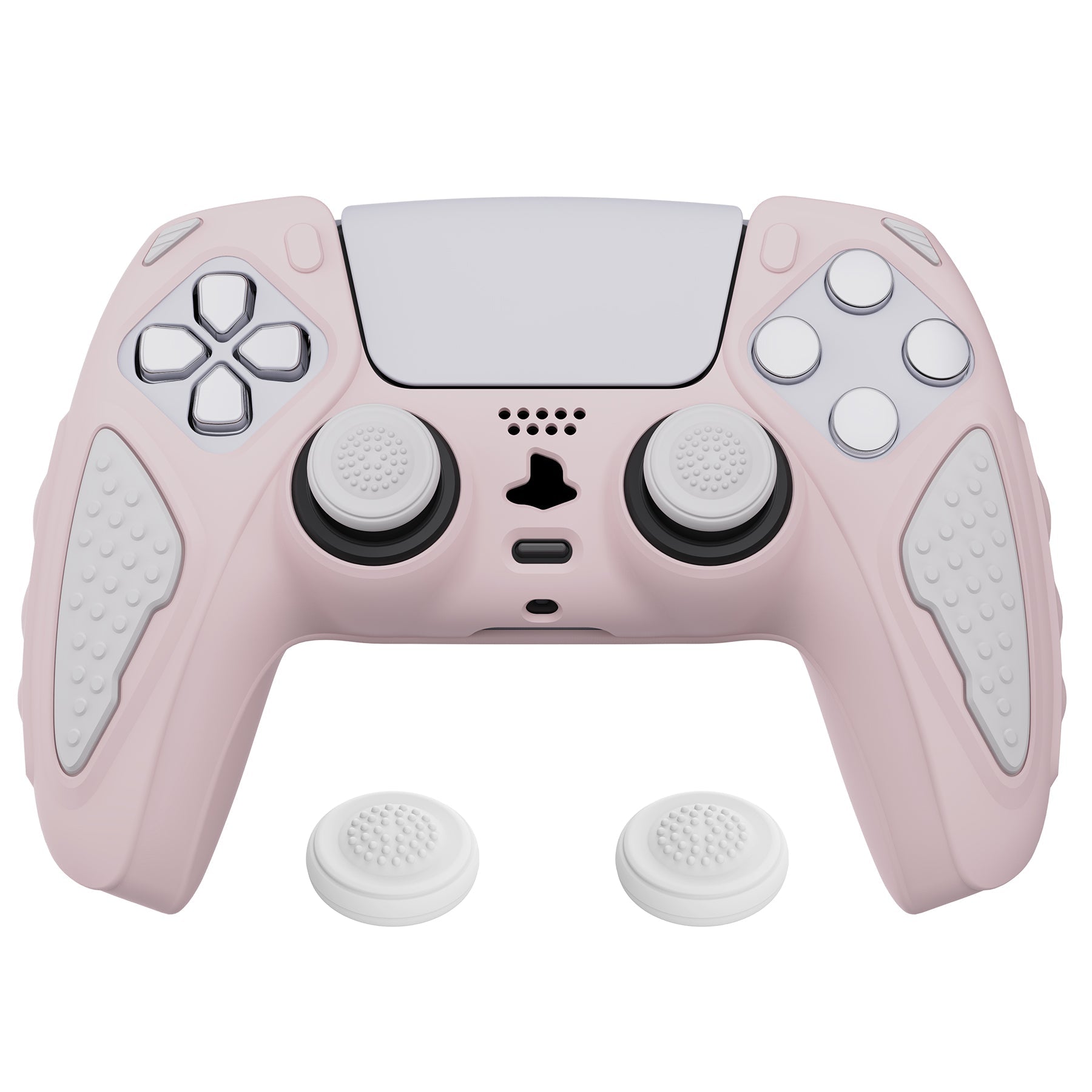 PlayVital Knight Edition Passion Cherry Blossoms & White Two Tone Anti-Slip Silicone Cover Skin for Playstation 5 Controller, Soft Rubber Case for PS5 Controller with Thumb Grip Caps - QSPF008 PlayVital