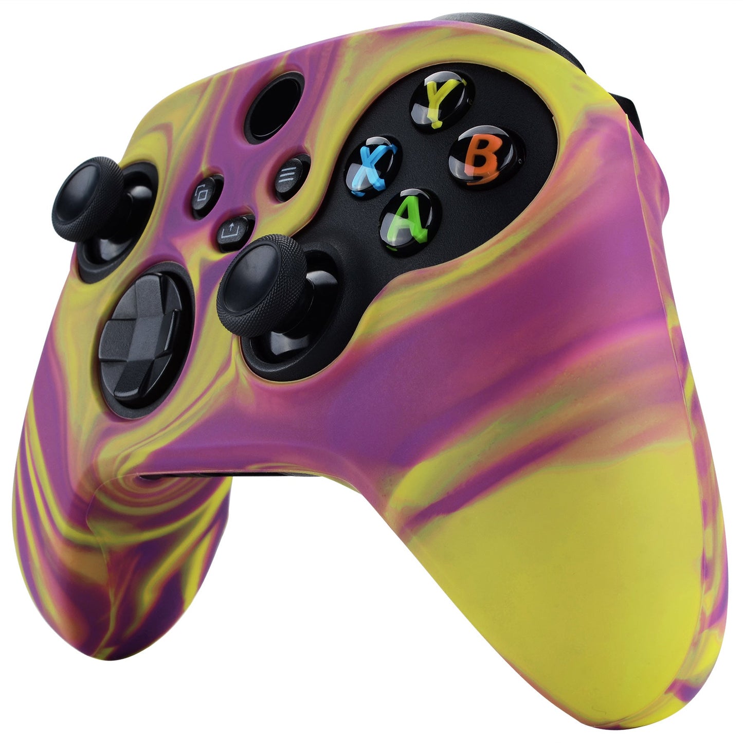 PlayVital Two Tone Purple & Yellow Camouflage Anti-Slip Silicone Cover Skin for Xbox Series X Controller, Soft Rubber Case Protector for Xbox Series S Controller with Black Thumb Grip Caps - BLX3013 PlayVital