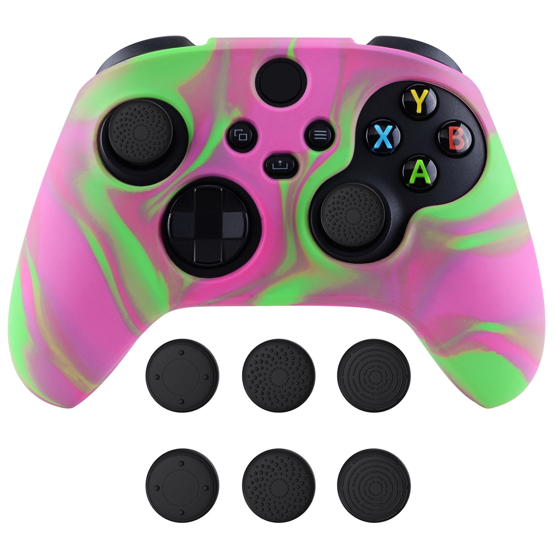PlayVital Two Tone Pink & Green Camouflage Anti-Slip Silicone Cover Skin for Xbox Series X Controller, Soft Rubber Case Protector for Xbox Series S Controller with Black Thumb Grip Caps - BLX3014 PlayVital