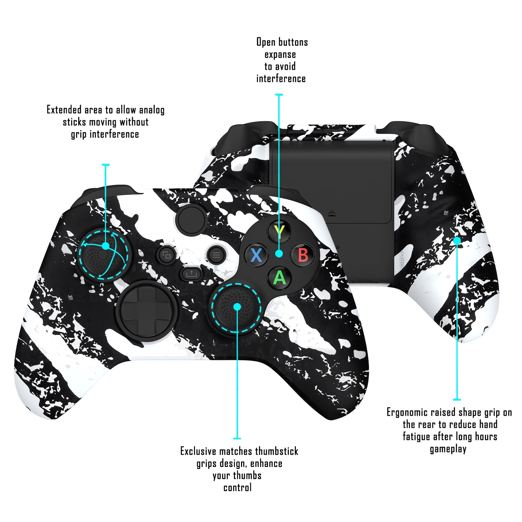 PlayVital Water Transfer Printing White Splash Pattern Silicone Cover Skin for Xbox Series X/S Controller, Soft Rubber Case Protector for Xbox Series X/S, Xbox Core Controller wtih 6 Thumb Grip Caps - BLX3020 PlayVital