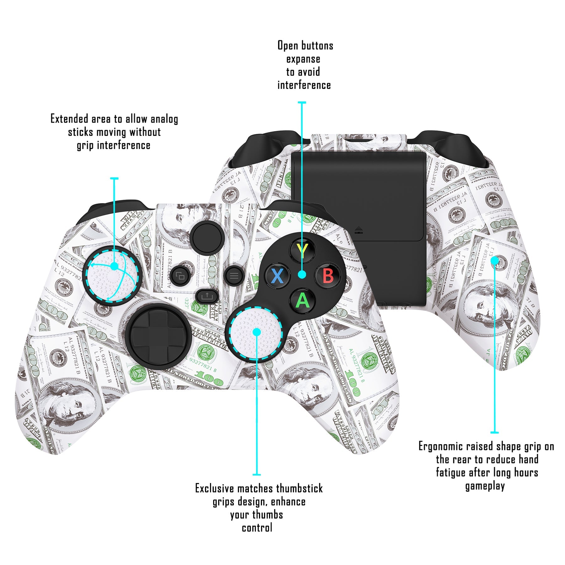 PlayVital Water Transfer Printing 100 Cash Money Dollar Pattern Silicone Cover Skin for Xbox Series X/S Controller, Soft Rubber Case Protector for Xbox Series X/S, Xbox Core Controller wtih 6 Thumb Grip Caps - BLX3022 PlayVital