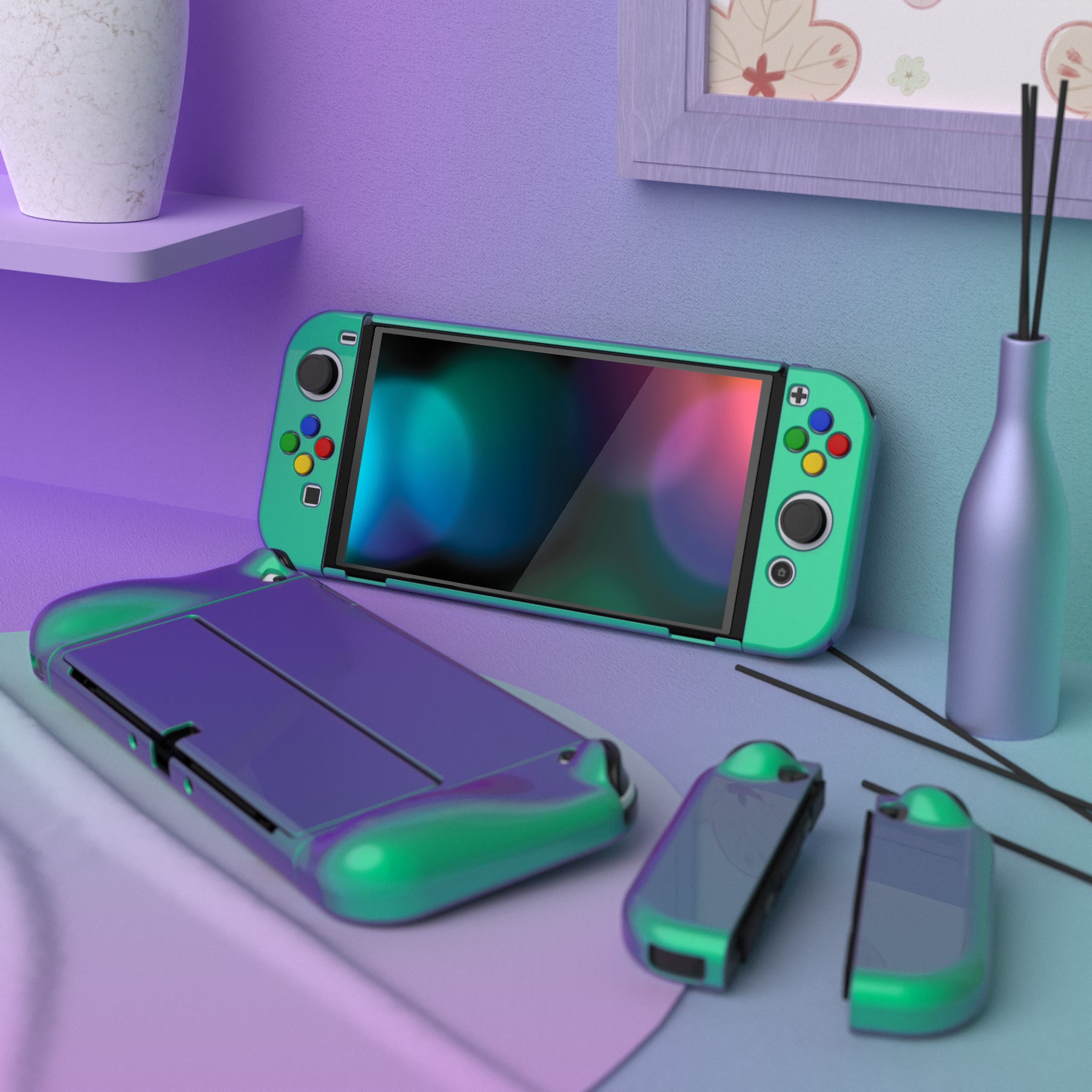 PlayVital AlterGrips Glossy Protective Slim Case for Nintendo Switch OLED, Ergonomic Grip Cover for Joycon, Dockable Hard Shell for Switch OLED with Thumb Grip Caps & Button Caps - Chameleon Green Purple - JSOYP3002 playvital