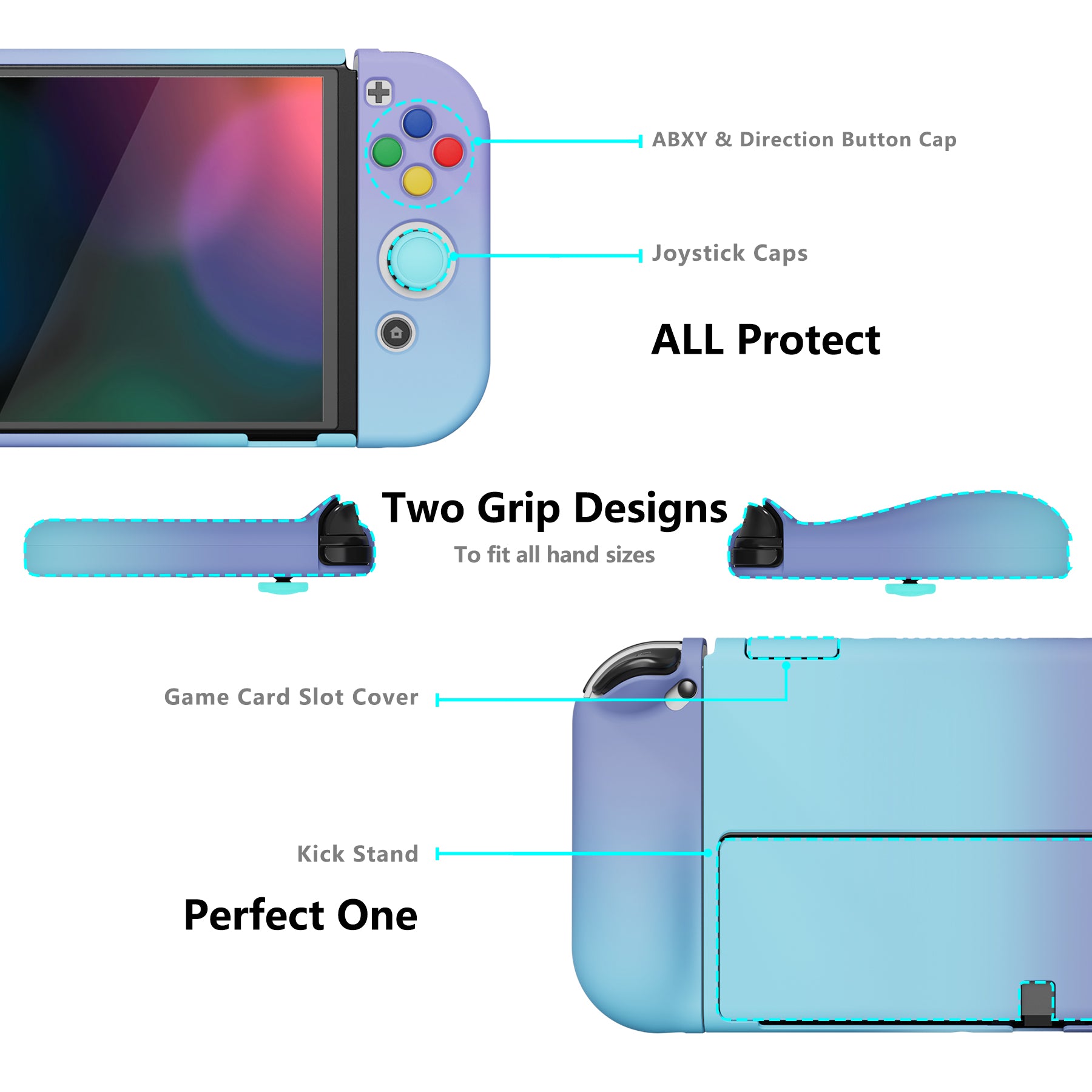 PlayVital AlterGrips Protective Slim Case for Nintendo Switch OLED, Ergonomic Grip Cover for Joycon, Dockable Hard Shell for Switch OLED with Thumb Grip Caps & Button Caps - Gradient Violet Blue - JSOYP3003 playvital