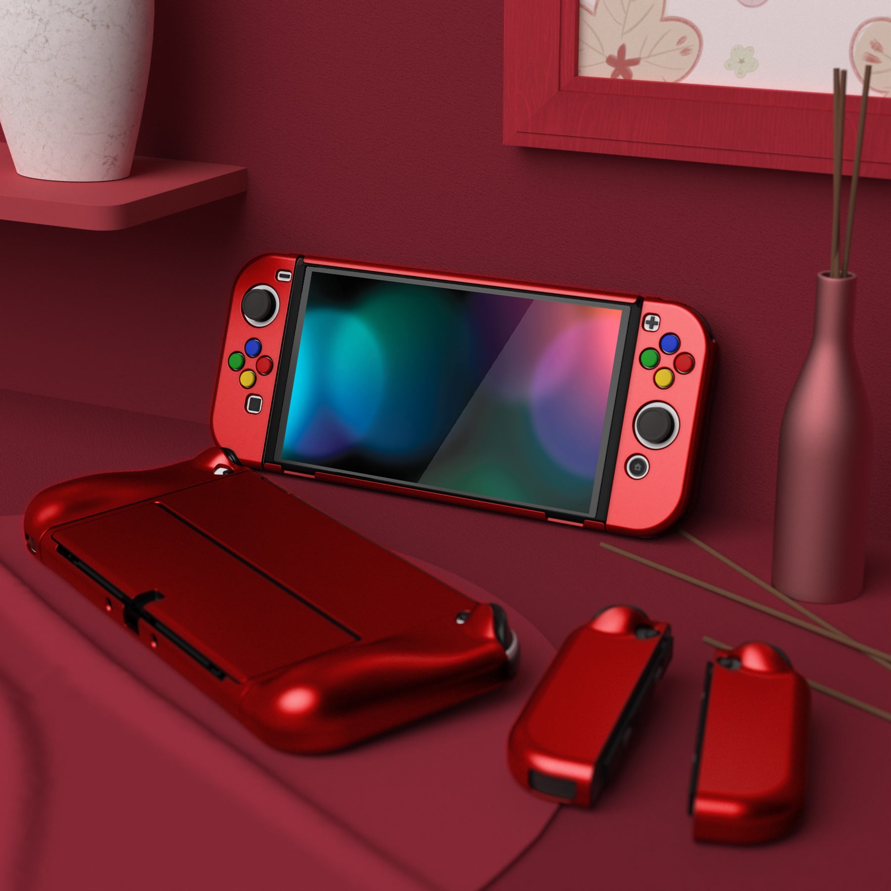 PlayVital AlterGrips Protective Slim Case for Nintendo Switch OLED, Ergonomic Grip Cover for Joycon, Dockable Hard Shell for Switch OLED with Thumb Grip Caps & Button Caps - Scarlet Red - JSOYP3004 playvital
