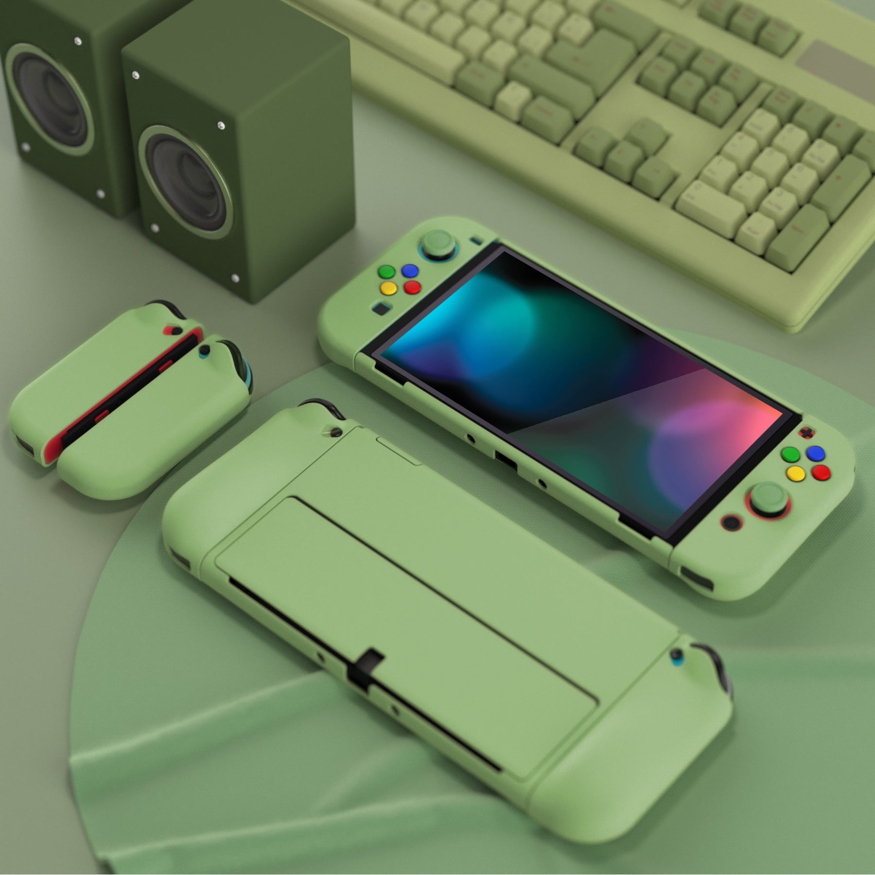 PlayVital AlterGrips Protective Slim Case for Nintendo Switch OLED, Ergonomic Grip Cover for Joycon, Dockable Hard Shell for Switch OLED with Thumb Grip Caps & Button Caps - Matcha Green - JSOYP3005 playvital