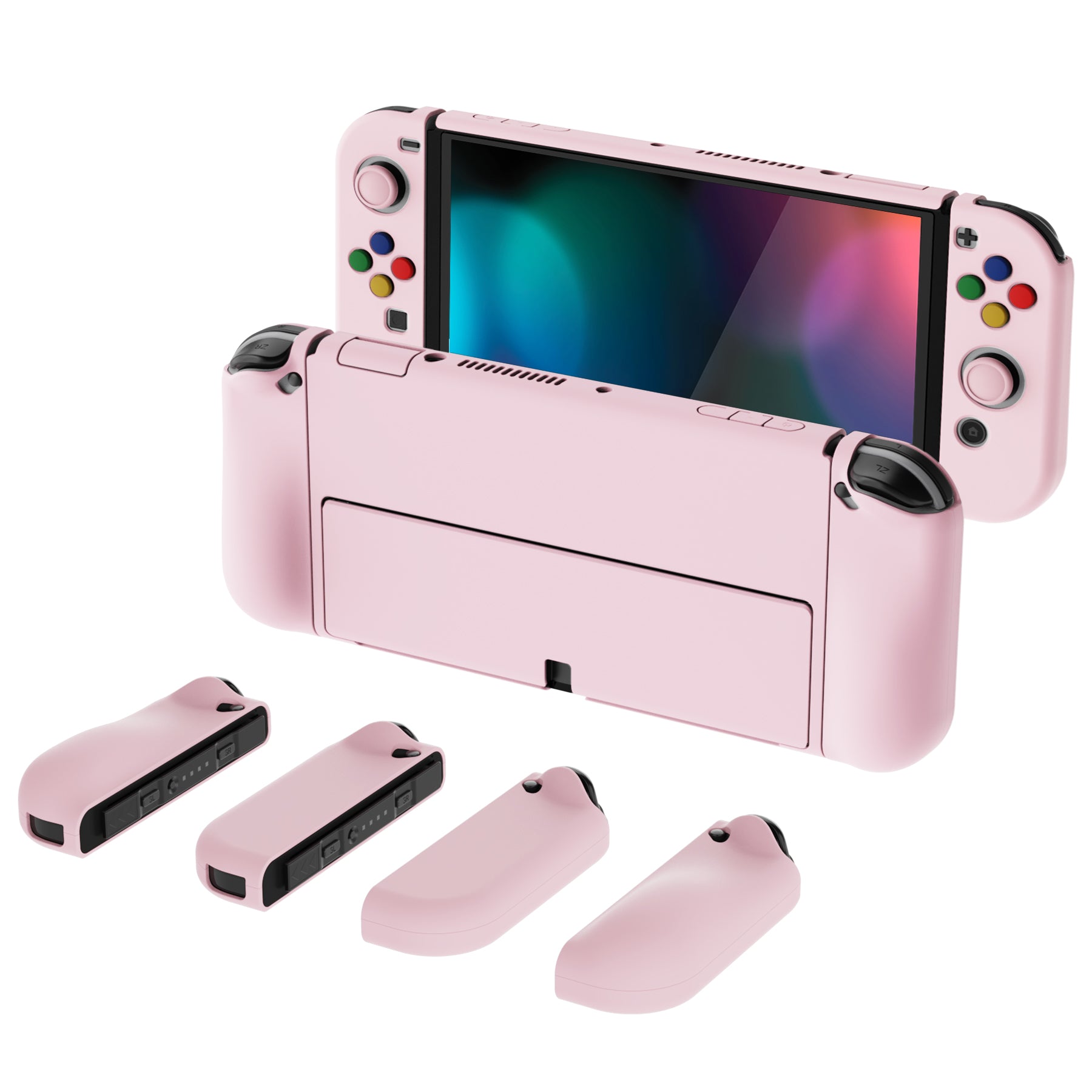 PlayVital AlterGrips Protective Slim Case for Nintendo Switch OLED, Ergonomic Grip Cover for Joycon, Dockable Hard Shell for Switch OLED with Thumb Grip Caps & Button Caps - Cherry Blossoms Pink - JSOYP3007 playvital