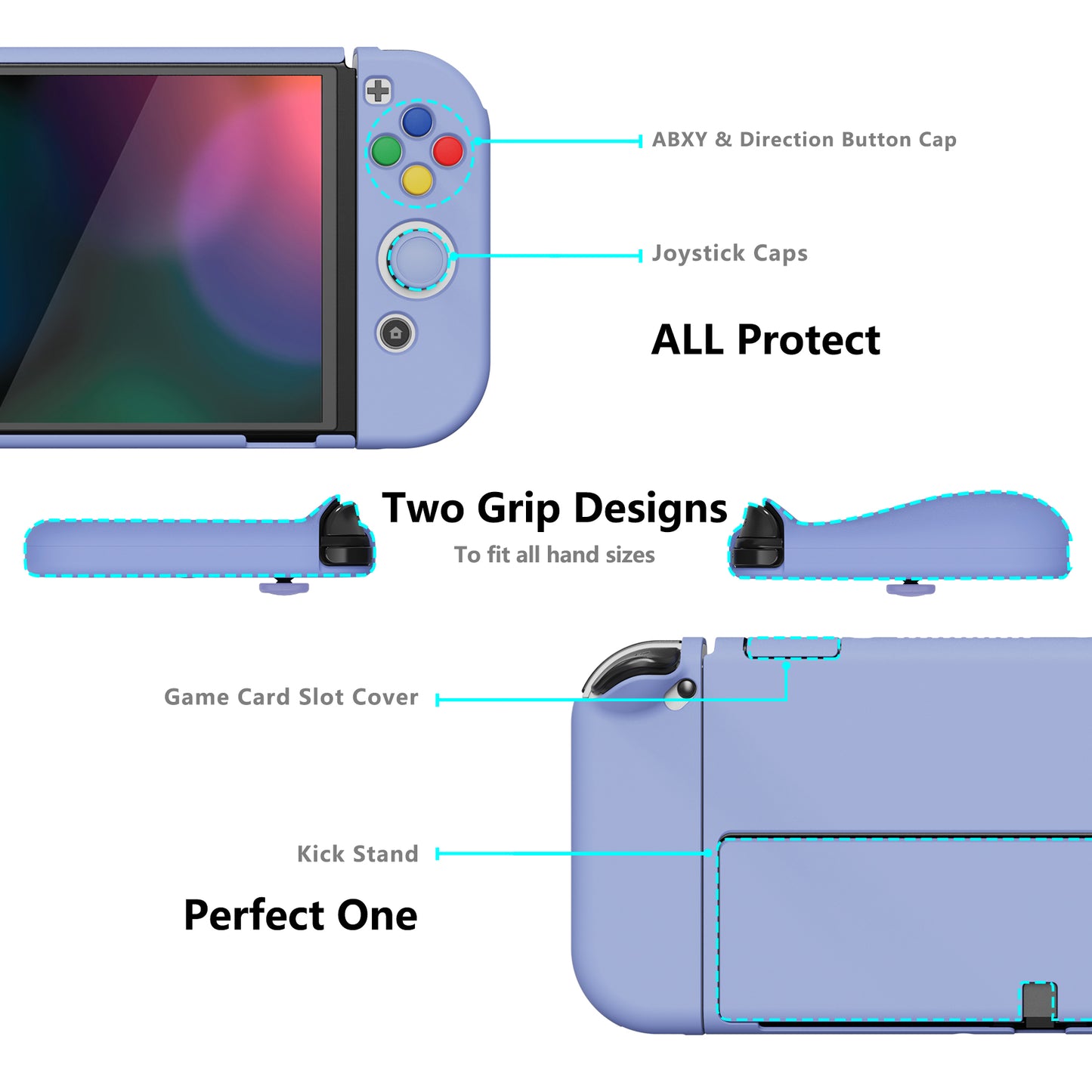 PlayVital AlterGrips Protective Slim Case for Nintendo Switch OLED, Ergonomic Grip Cover for Joycon, Dockable Hard Shell for Switch OLED with Thumb Grip Caps & Button Caps - Light Violet - JSOYP3008 playvital