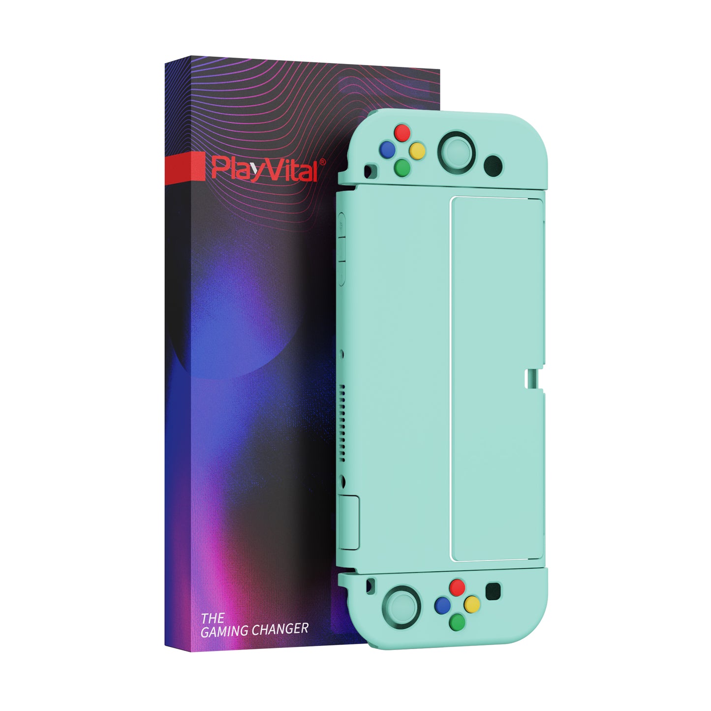 PlayVital AlterGrips Protective Slim Case for Nintendo Switch OLED, Ergonomic Grip Cover for Joycon, Dockable Hard Shell for Switch OLED with Thumb Grip Caps & Button Caps - Misty Green - JSOYP3009 playvital