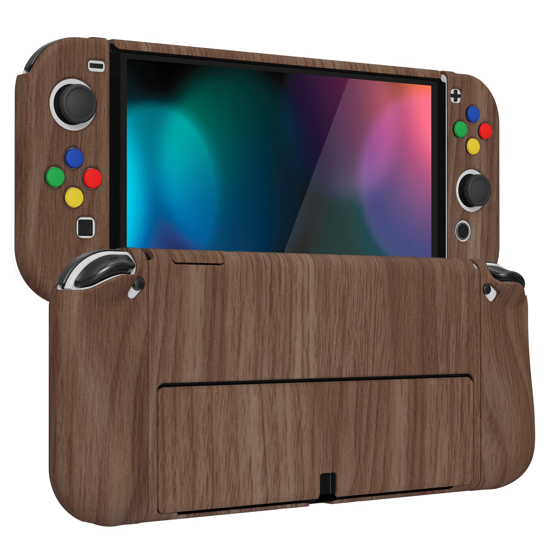 PlayVital AlterGrips Protective Slim Case for Nintendo Switch OLED, Ergonomic Grip Cover for Joycon, Dockable Hard Shell for Switch OLED with Thumb Grip Caps & Button Caps - Wood Grain - JSOYS2001 playvital