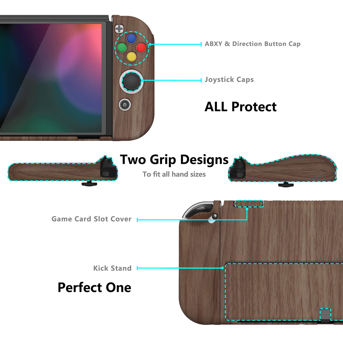 PlayVital AlterGrips Protective Slim Case for Nintendo Switch OLED, Ergonomic Grip Cover for Joycon, Dockable Hard Shell for Switch OLED with Thumb Grip Caps & Button Caps - Wood Grain - JSOYS2001 playvital