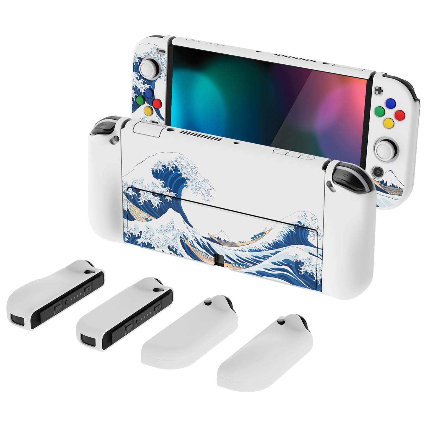 PlayVital AlterGrips Protective Slim Case for Nintendo Switch OLED, Ergonomic Grip Cover for Joycon, Dockable Hard Shell for Switch OLED w/Thumb Grip Caps & Button Caps - The Great Wave off Kanagawa - JSOYT001 playvital