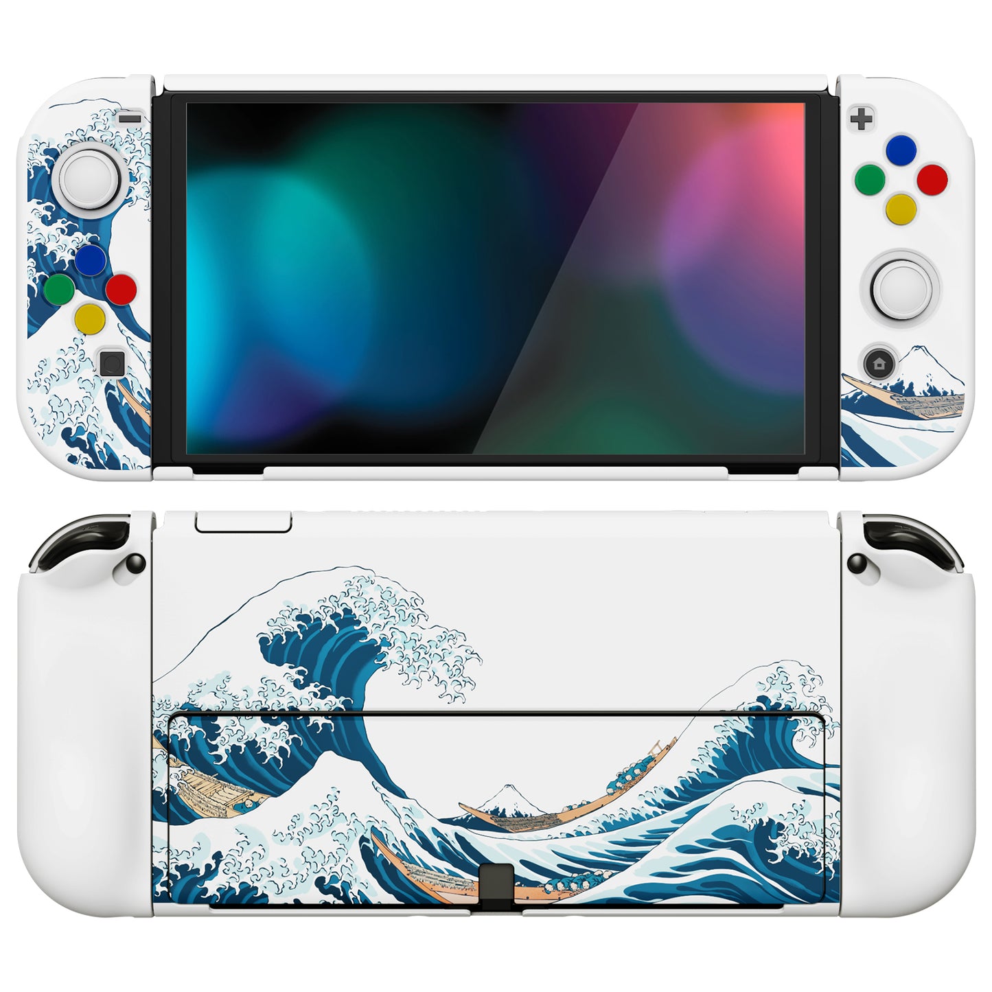 PlayVital AlterGrips Protective Slim Case for Nintendo Switch OLED, Ergonomic Grip Cover for Joycon, Dockable Hard Shell for Switch OLED w/Thumb Grip Caps & Button Caps - The Great Wave off Kanagawa - JSOYT001 playvital