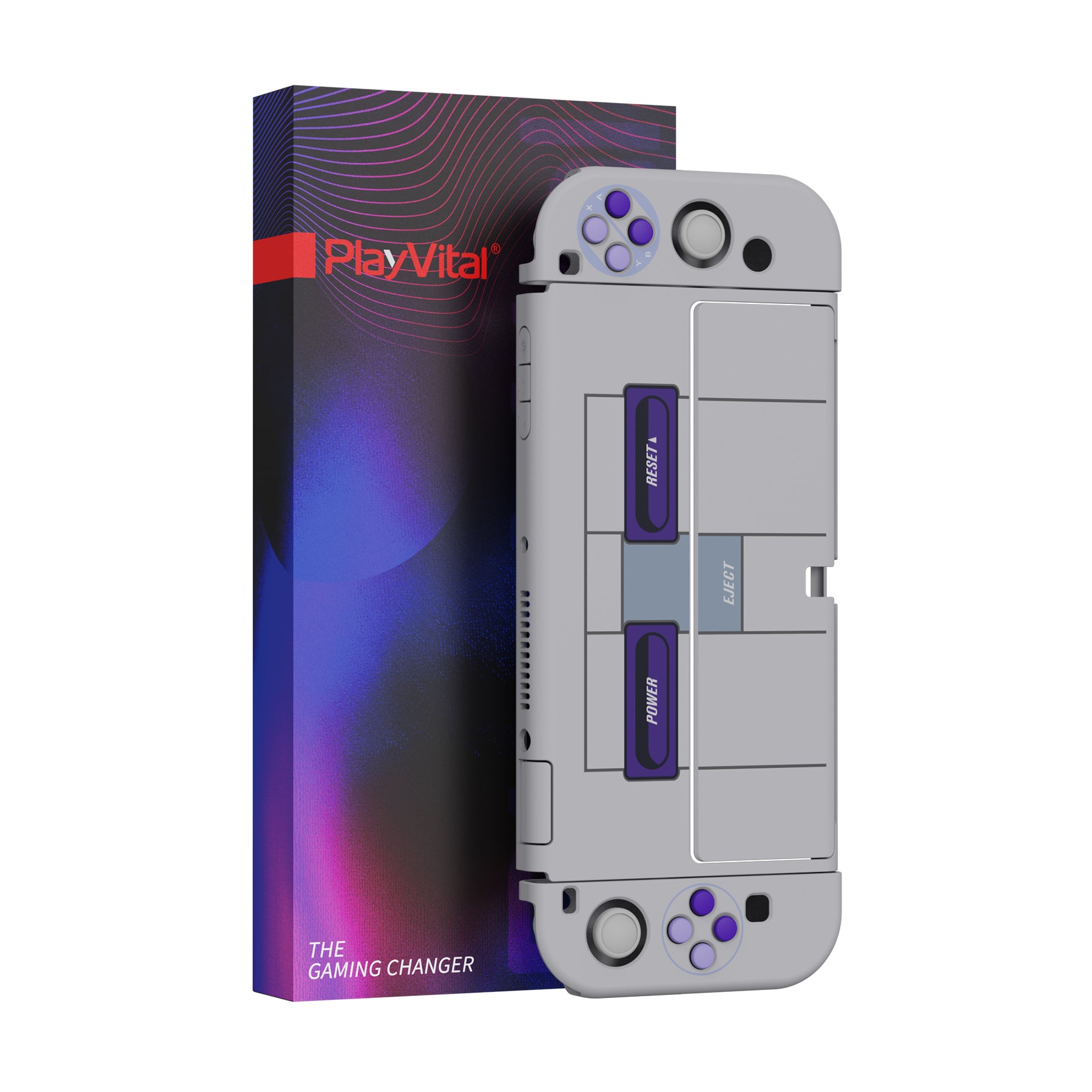 PlayVital AlterGrips Protective Slim Case for Nintendo Switch OLED, Ergonomic Grip Cover for Joycon, Dockable Hard Shell for Switch OLED with Thumb Grip Caps & Button Caps - Classics SNES Style - JSOYY7003 playvital