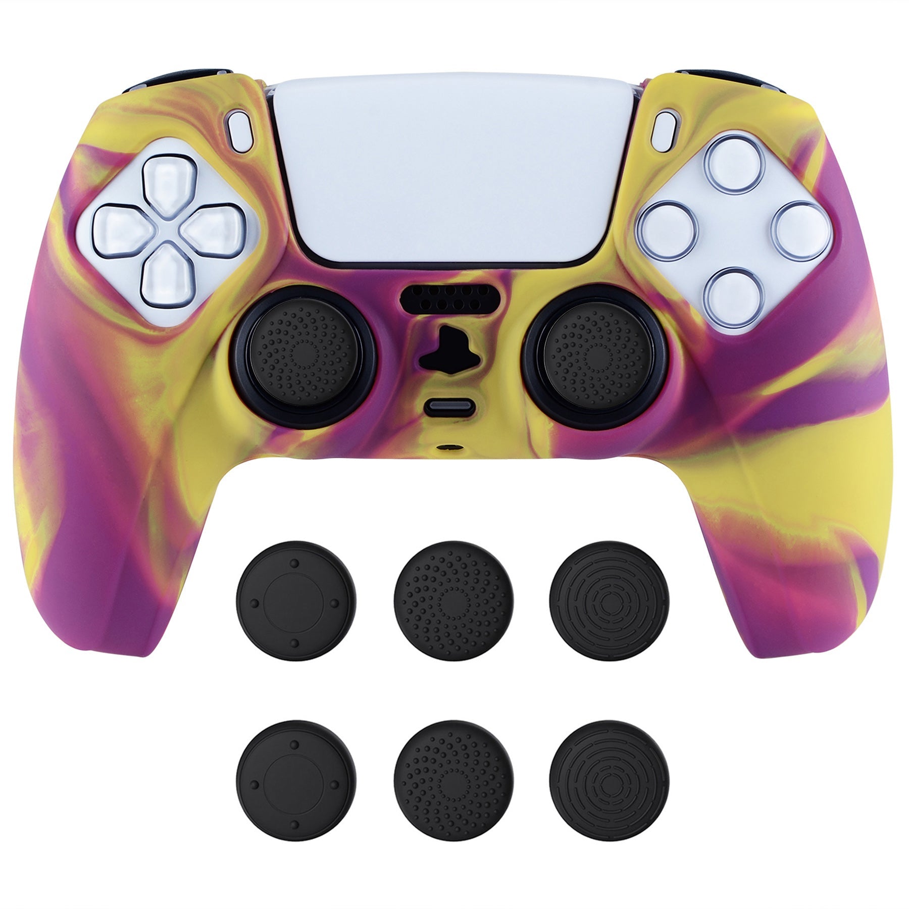 PlayVital Two Tone Purple & Yellow Camouflage Anti-Slip Silicone Cover Skin for Playstation 5 Controller, Soft Rubber Case for PS5 Controller with Black Thumb Grip Caps - KOPF013 PlayVital