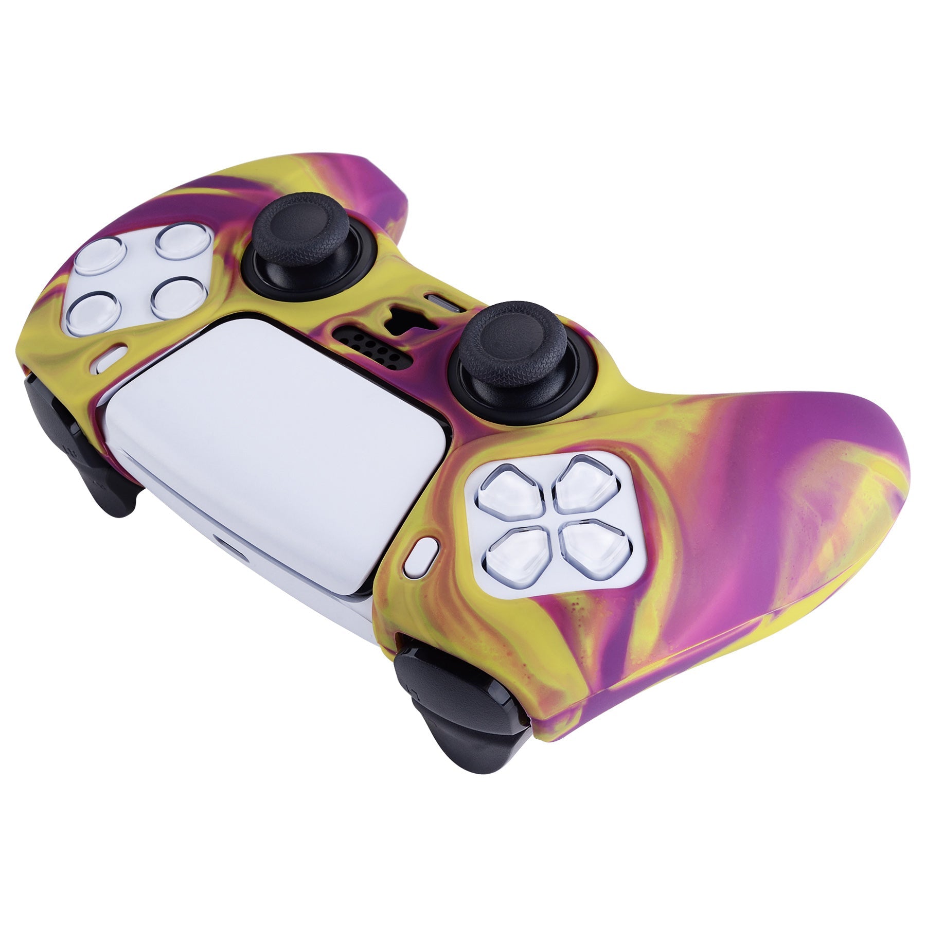 PlayVital Two Tone Purple & Yellow Camouflage Anti-Slip Silicone Cover Skin for Playstation 5 Controller, Soft Rubber Case for PS5 Controller with Black Thumb Grip Caps - KOPF013 PlayVital